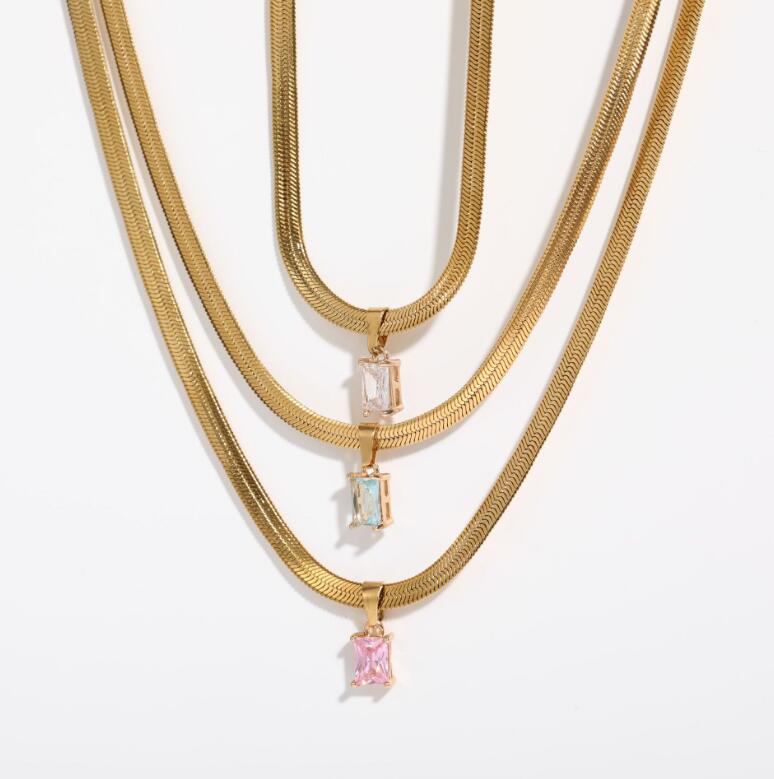 Trendy Stainless Steel Crystal Zircon Pendant Necklace Blade Snake Chain Necklace — image 1
