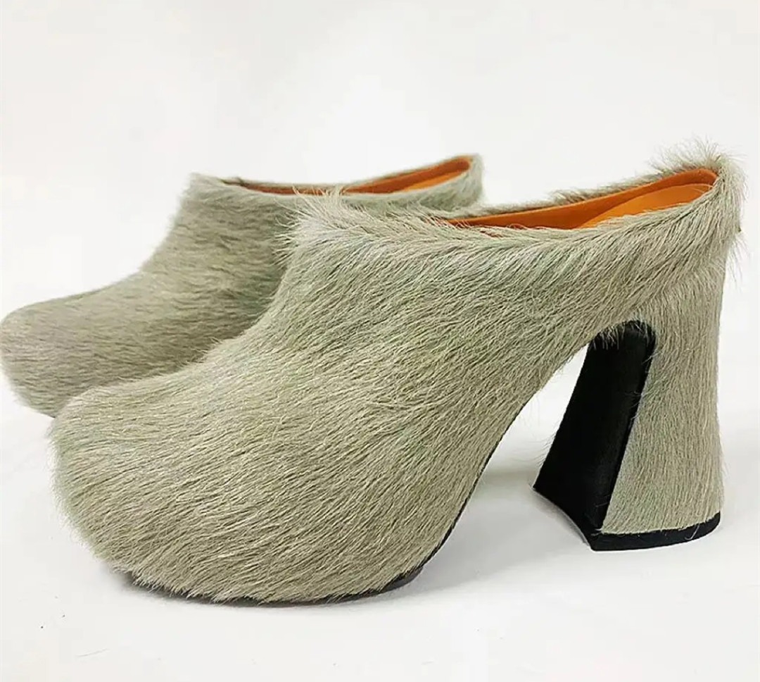 Round headed candy colored genuine leather horse hair with raised height inside casual lazy half slippers for women — image 1