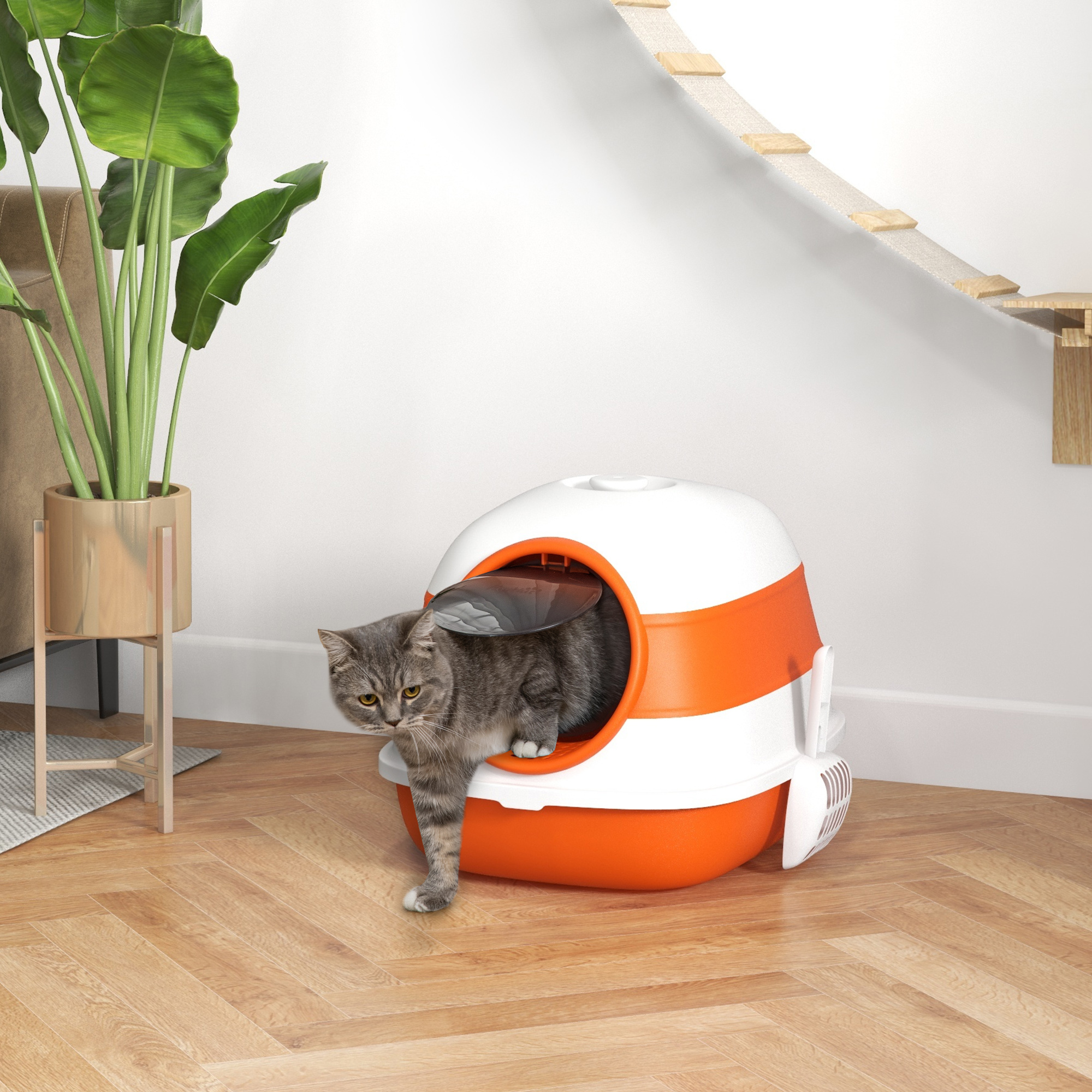 Caja de Arena para Gatos con Cúpula y Tapadera, Blanco y Naranja — imagen 1