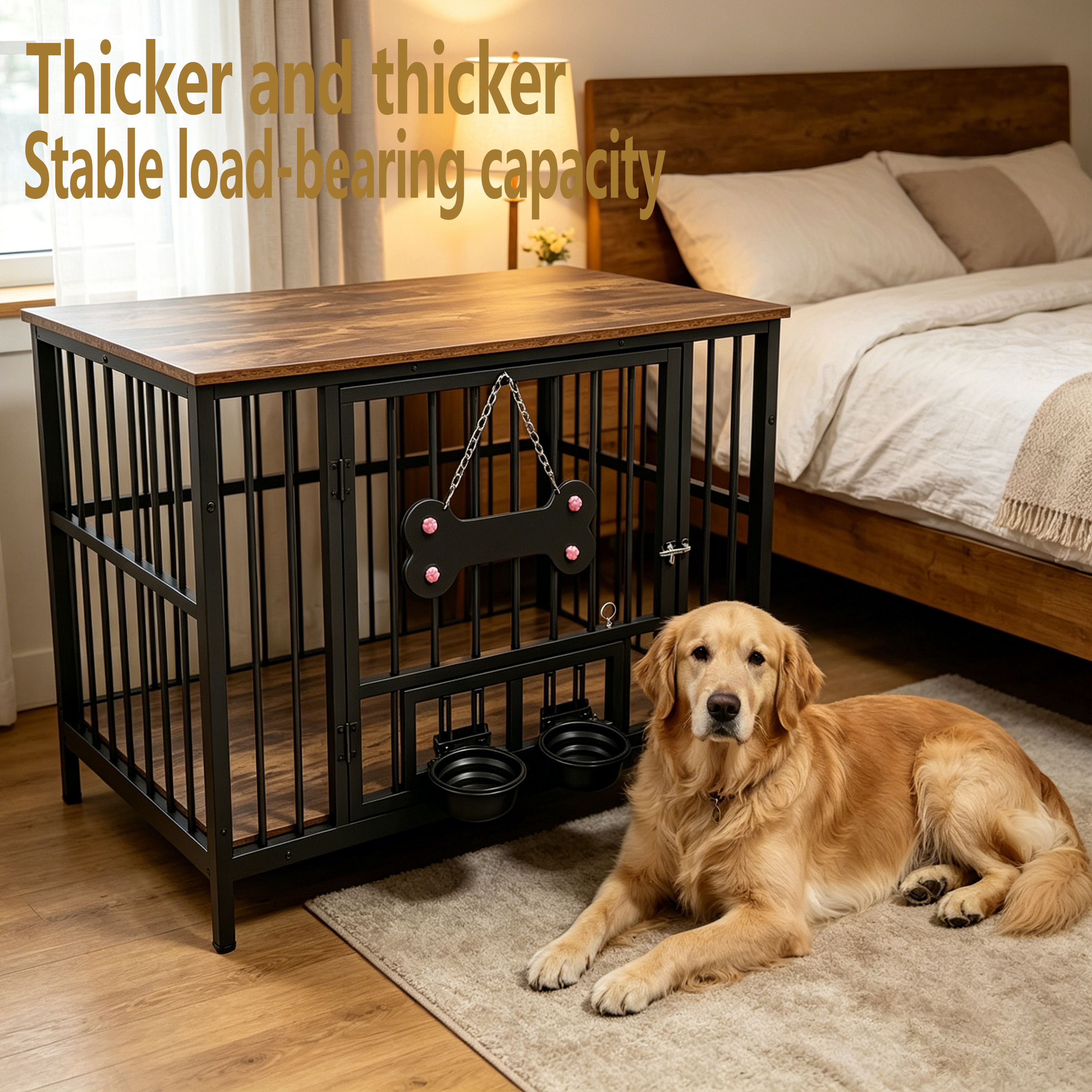 Caja de perro en madera antigua con borde de grano de madera, tazón giratorio 360° con material suave de silicona de seguridad grado — imagen 9