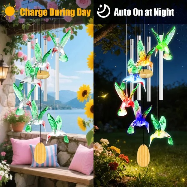 2Pcs Options - Solar Hummingbird Wind Chime With Aluminum Tubes 7 Color Changing Wind Chime For Outside IPX4 Waterproof Outdoor Garden Yard Decor — image 3