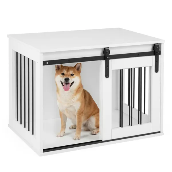 Jaula-Mueble para Perro de 31.5" con Puerta Corrediza Estilo Granero, Mesa Auxiliar/Casa para Perro de Madera para Interiores - Blanco — imagen 3