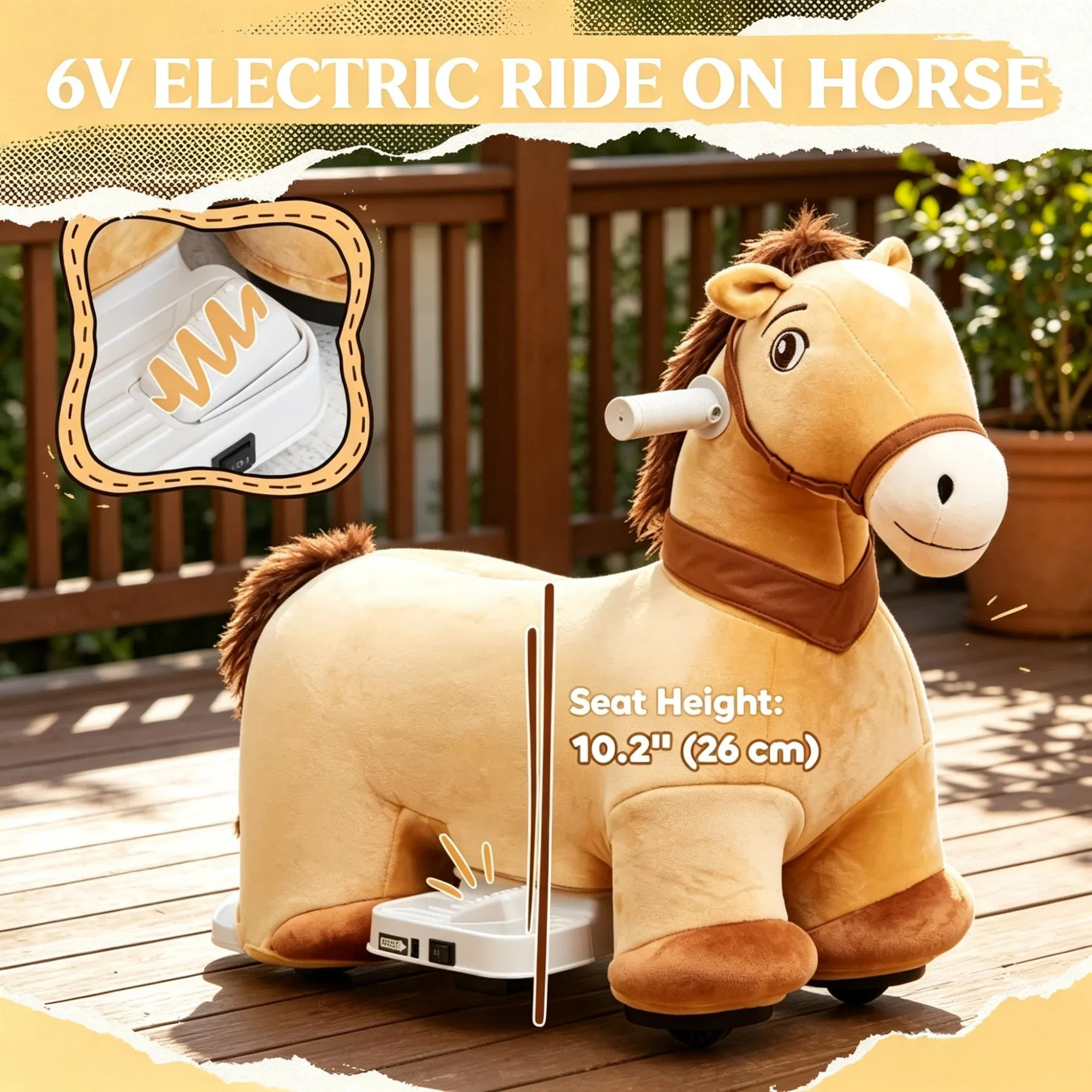 Brown 6V Electric Ride On Pony: Battery Powered Toddler Toy with Music, Forward Movement & Silent PU Wheels for 18-36 Months Old — imagen 7