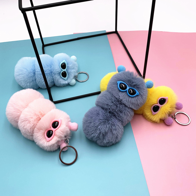 New Cute Caterpillar Key Chain Cute Candy Color Cartoon Plush Bag Pendant Car Key Chain Accessories — image 2