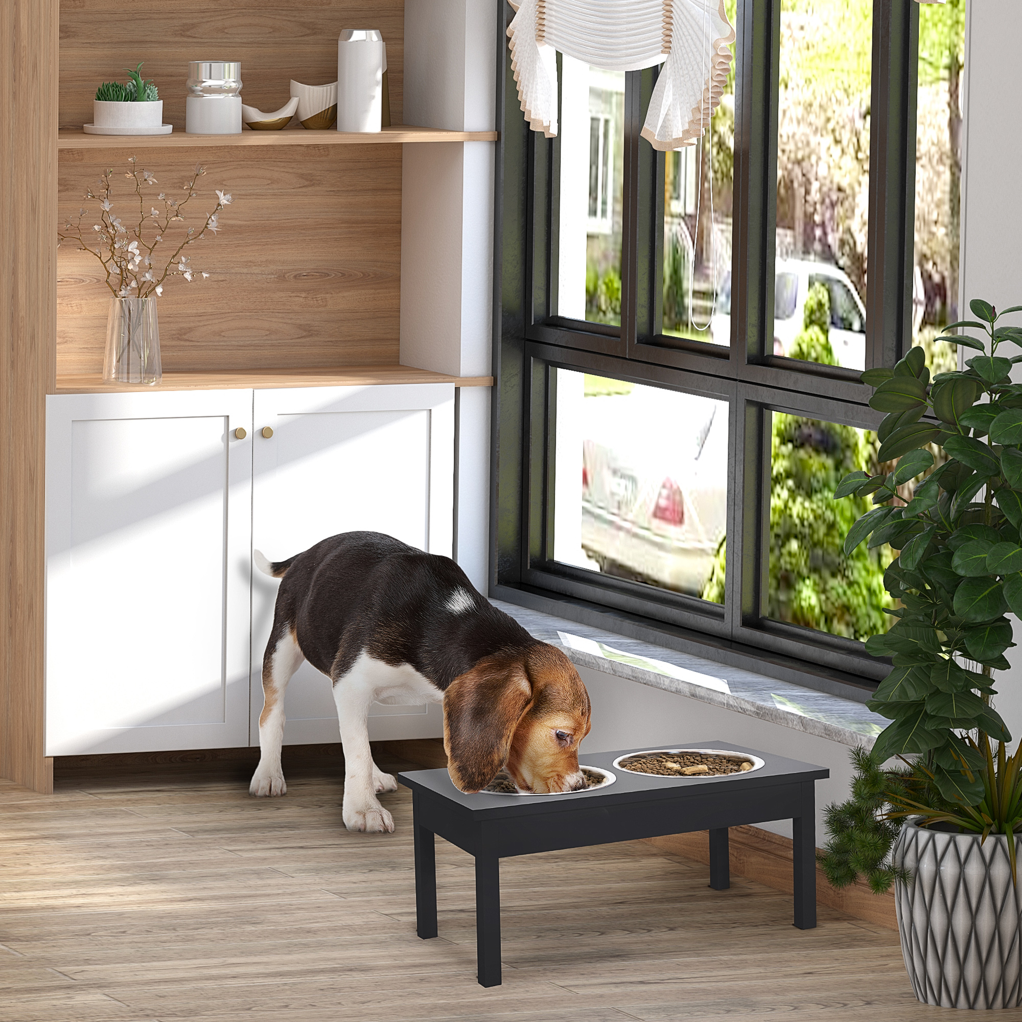 Tazones de Comida de Madera Resistente para Perro de 23", Estación de Alimentación Elevada para Mascotas -Negro — imagen 1