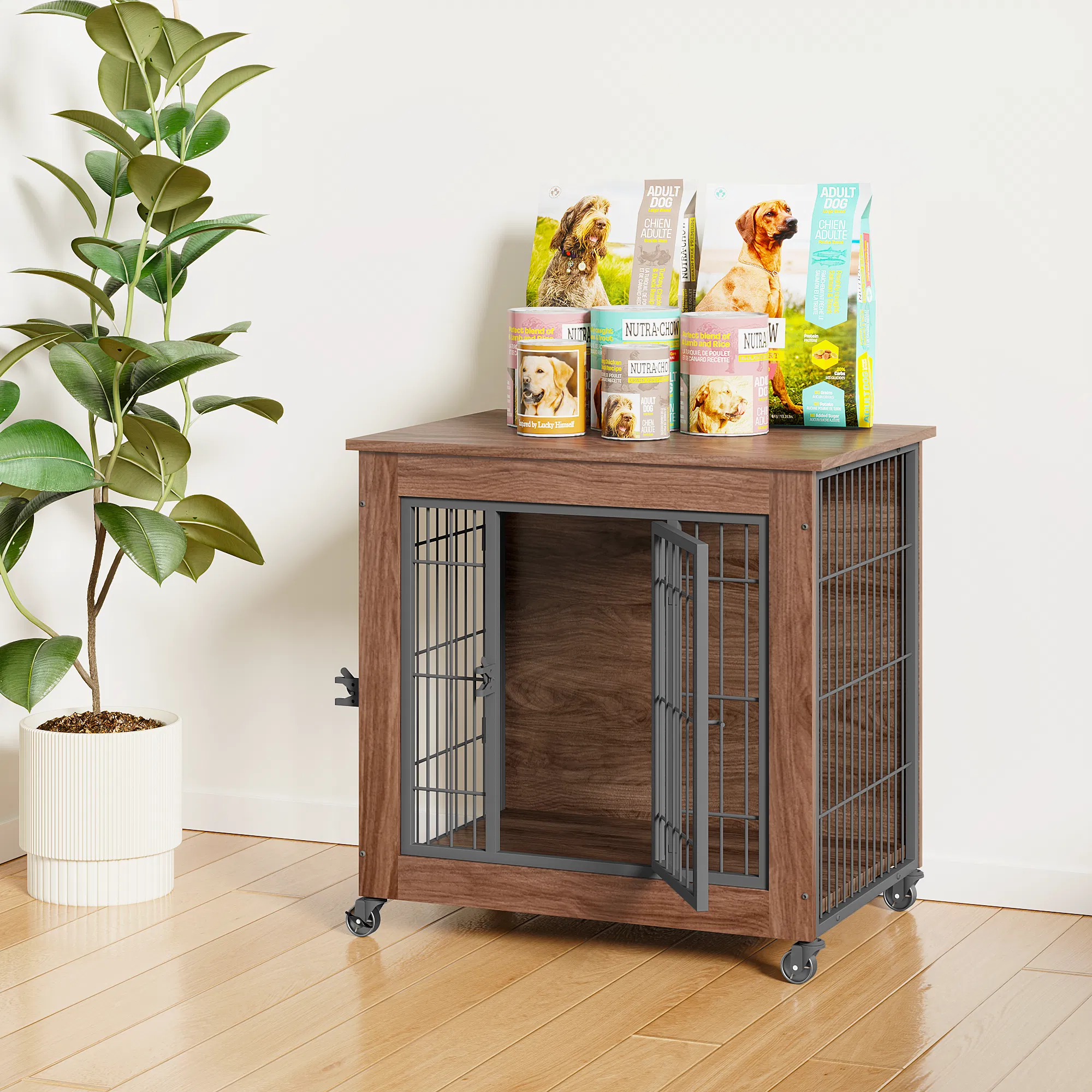 27.2" Dog Crate Furniture with Wheels for Small Dogs, Heavy Duty Dog Kennel Indoor with 2 Doors, Wooden Pet Cage End Table, Double-Doors Sturdy Metal Dog Cage for Anxiety Dog — image 12