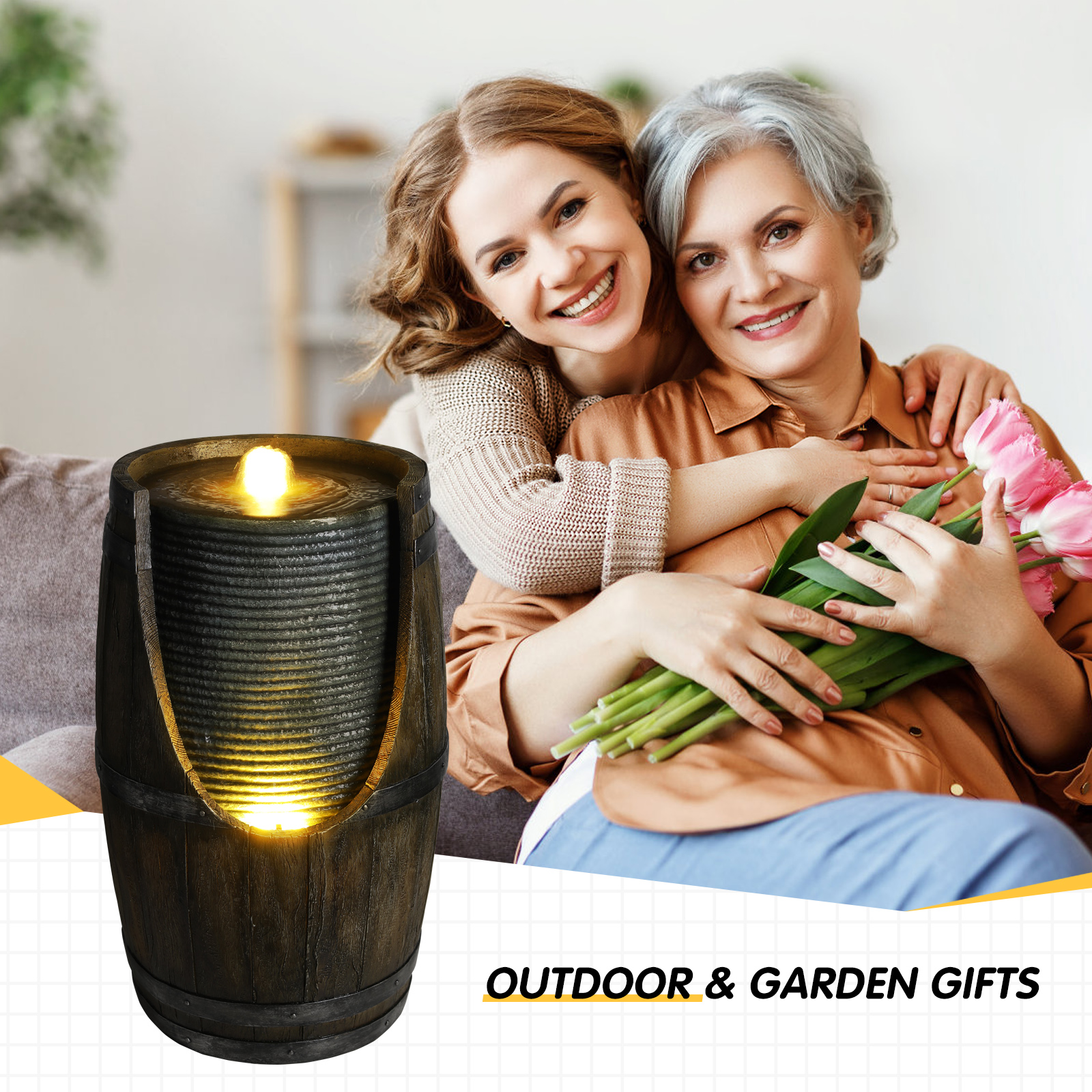 Fuente de Agua para Jardín con Bebedero para Pájaros, Barril Rustico con Luces LED y Bomba, Característica de Madera Falsa en Resina para Patio, Jardín o Porche — imagen 7