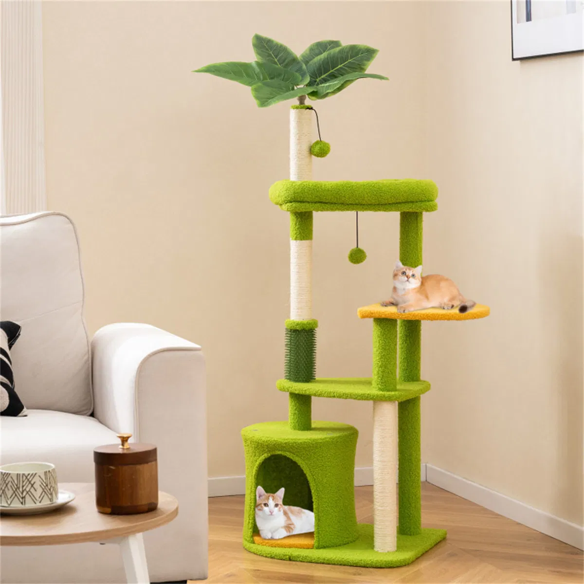 48" Cat Tree with Tropical Leaves - Self-Groomer & Scratching Posts, Space-Saving (Green+Orange) — image 7