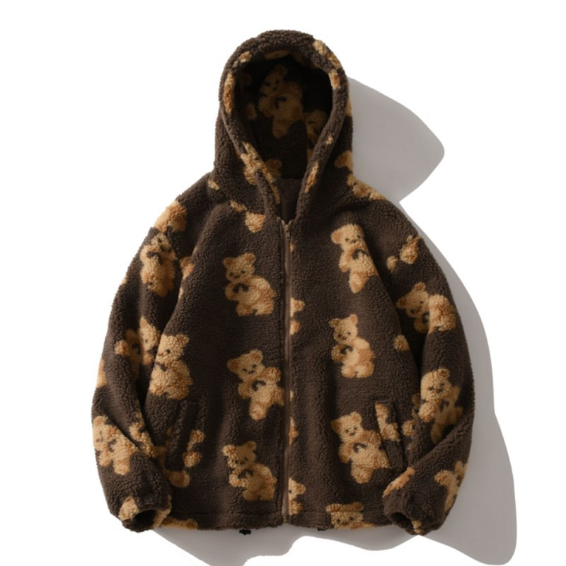 Cartoon Pattern Bear Zipper Pocket Plush Sweatshirt For Women — image 1