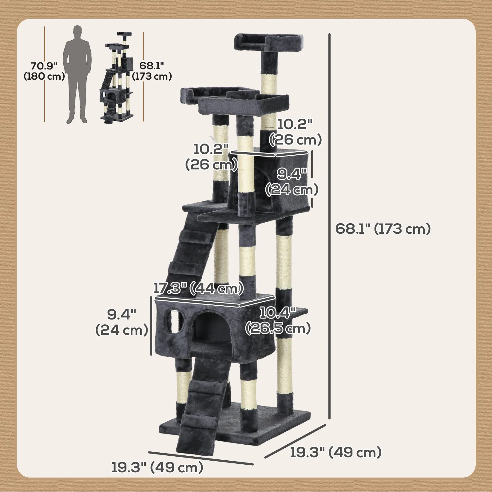 68-inch Multi-Level Cat Scratching Tree Kitty Activity Center Post Tower Condo Pet Furniture w/ Toy Charcoal Grey — image 2