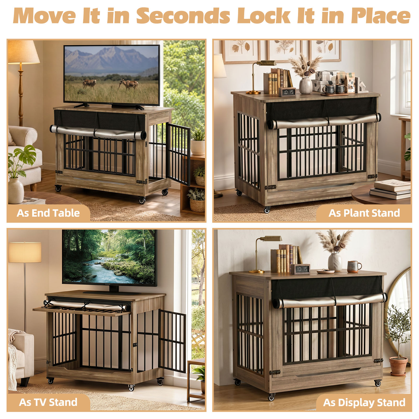 Large Dog Crate Furniture, Double Door Wooden Indoor Dog Kennel Furniture, Decorative Pet Cage End Table With Wheels For Large Breed Dogs, Size XL, Greige — image 4