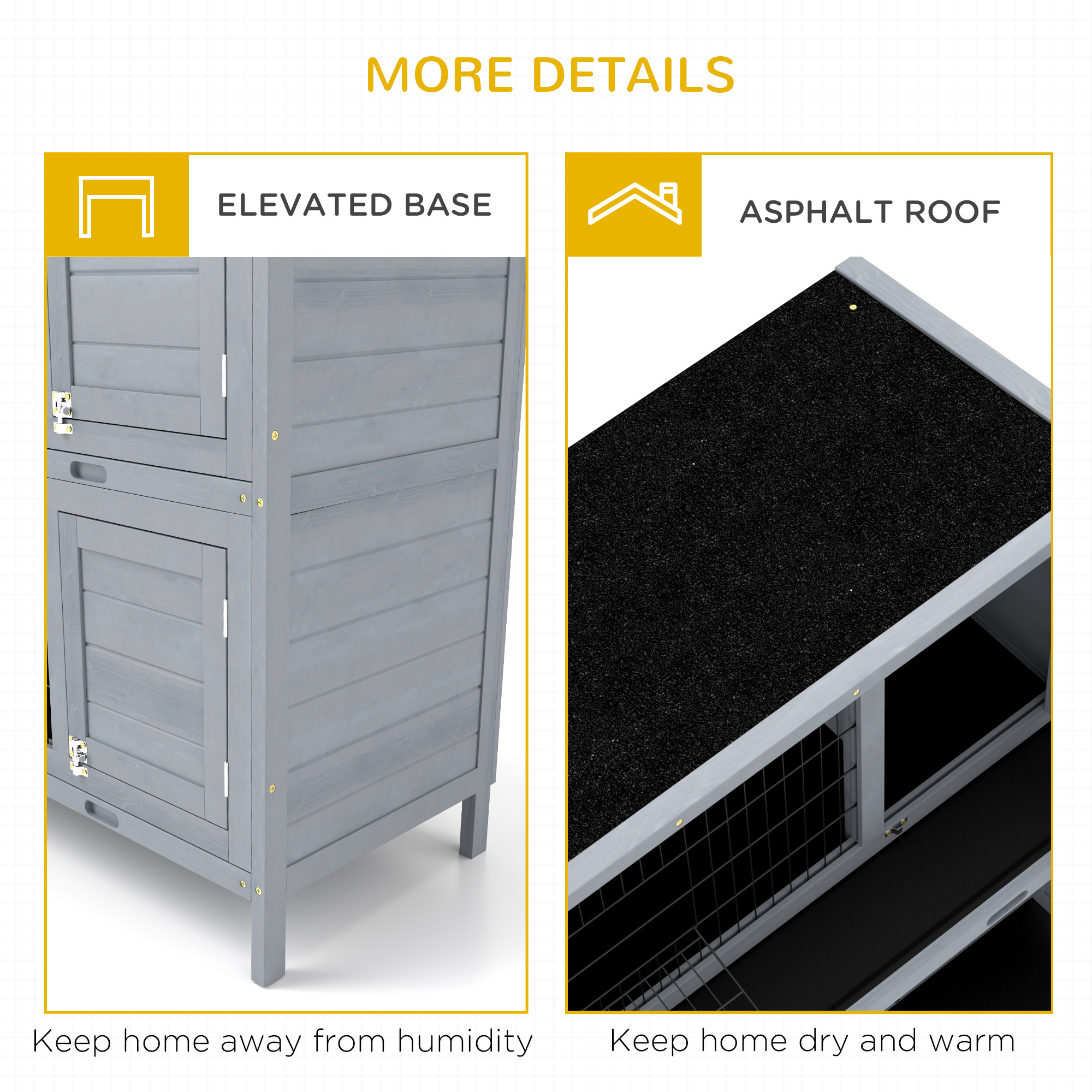 Conejera Grande de Madera de 2 Niveles de 54", Casa para Mascotas, Hábitat para Animales Pequeños con Puertas con Cerradura, Bandeja Antifugas y Techo Impermeable para Conejos, Gallinas y Patos, Interior/Exterior, Gris — imagen 3