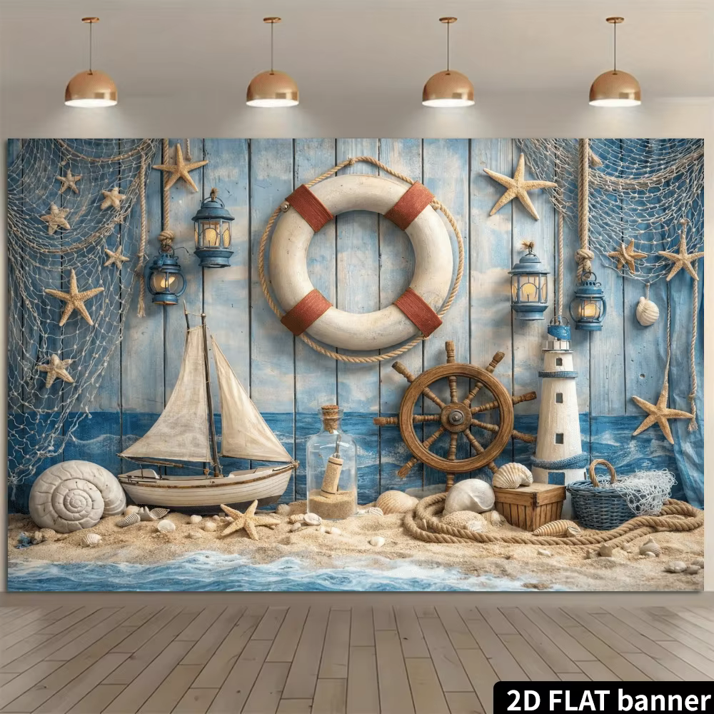 2D Flat, Nautical Lifeboat Starfish Ship Wheel Lighthouse Beach Decor Tapestry Coastal Wall Art Living Room Ocean Theme Print — image 2