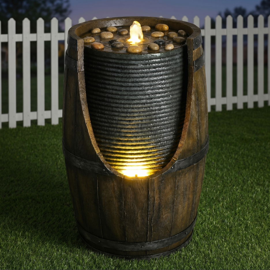 Fuente de Agua para Jardín con Bebedero para Pájaros, Barril Rustico con Luces LED y Bomba, Característica de Madera Falsa en Resina para Patio, Jardín o Porche — imagen 8