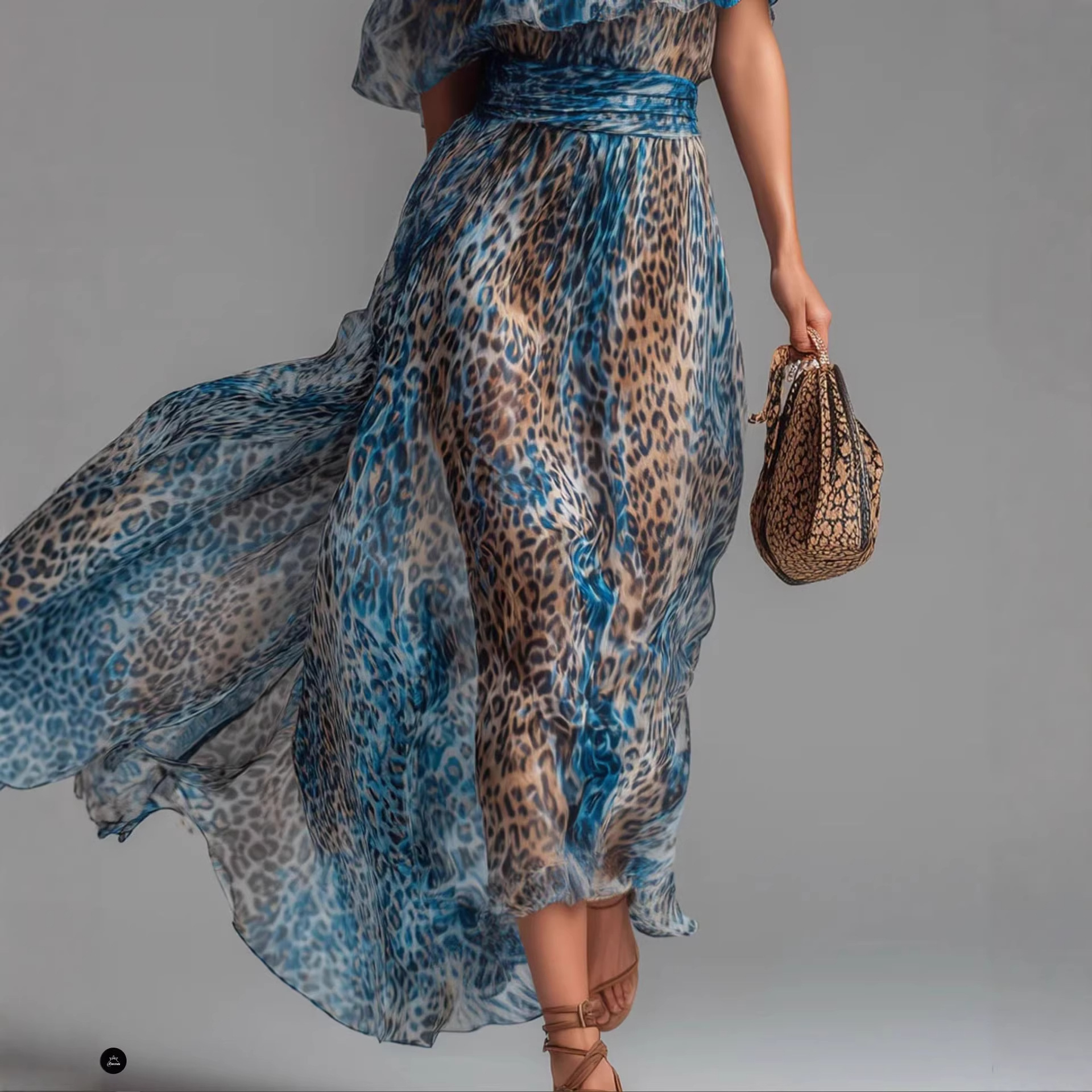 Vestido de Chiffón con Estampado de Leopardo, Hombro Asimétrico, Envolvimiento de Cintura, Faldita de Vacaciones Larga — imagen 4