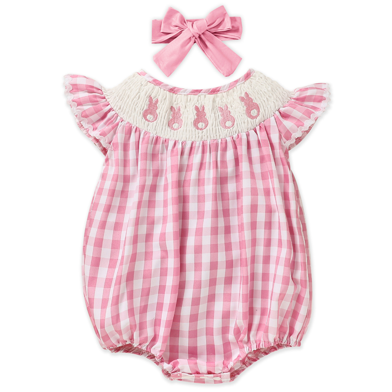 Conjunto Tierno de Mameluco de Conejito para Niña, Traje con Manga Capa y Bordado de Conejito, Incluye Diadema - Peto de Cuadros Rosa — imagen 8