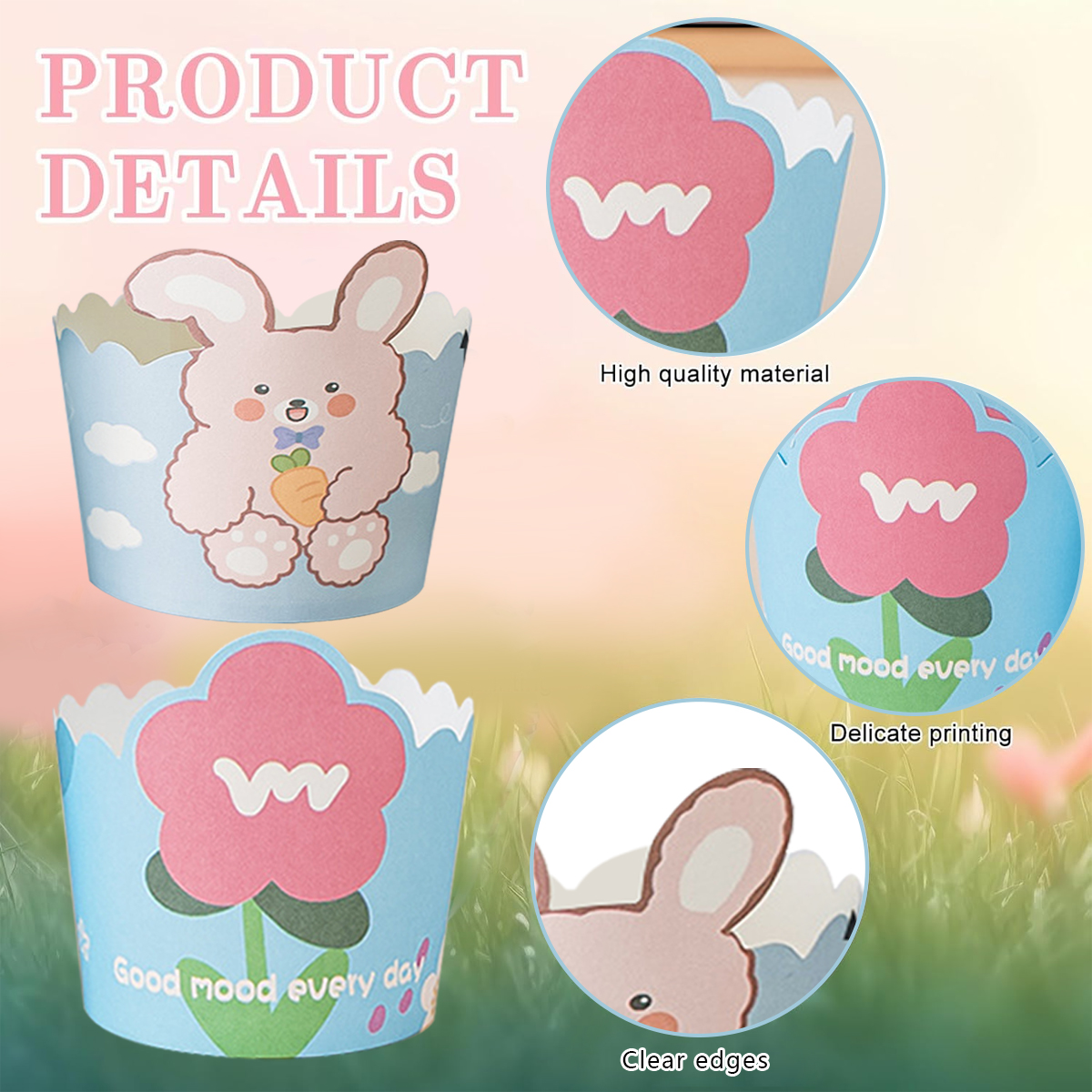 Cute Cupcake Liners Wrappers With Plastic Spoons Bunny Flower Pattern Paper Baking Cup Scalloped Edge Cupcake Muffin Cases For Easter Spring Birthday Wedding Holiday Party Supplies — image 7