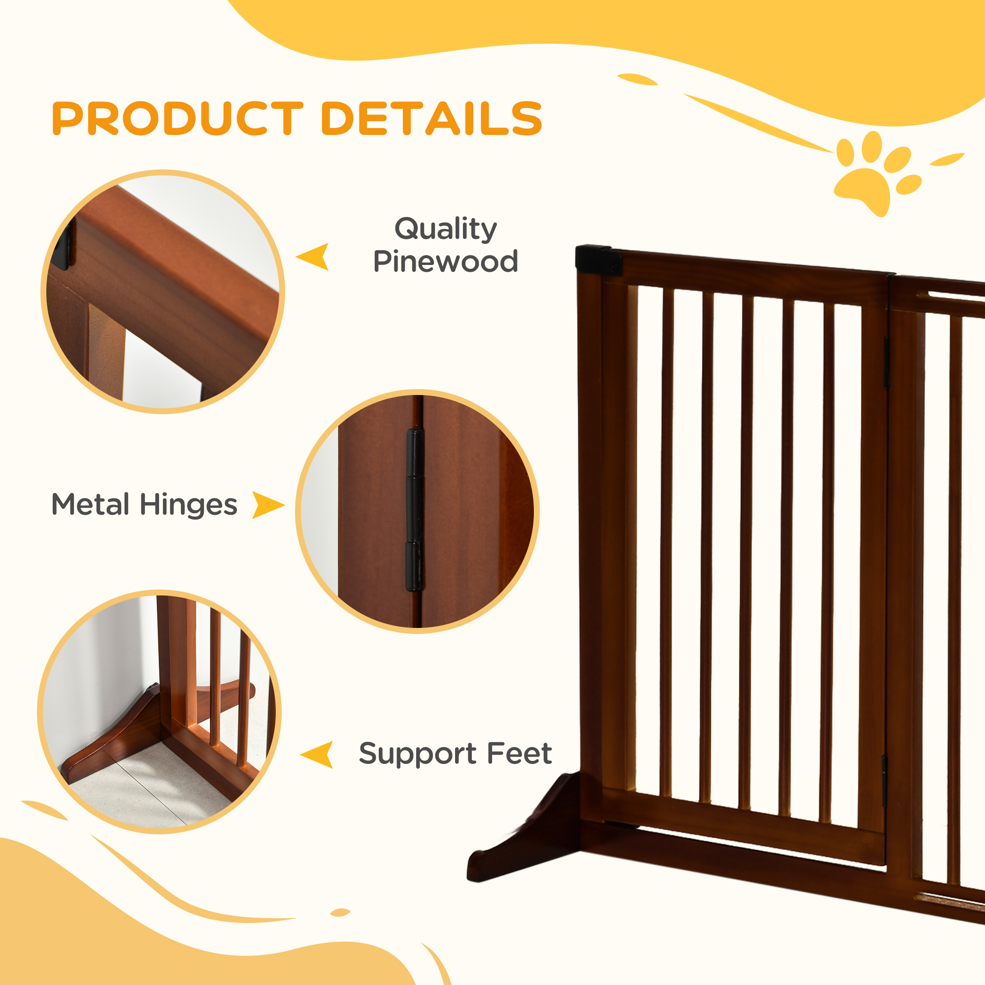 Puerta de Perro Libre de Soporte con Puerta Reversible y Cerradura, 3 Paneles, Madera Natural — imagen 2