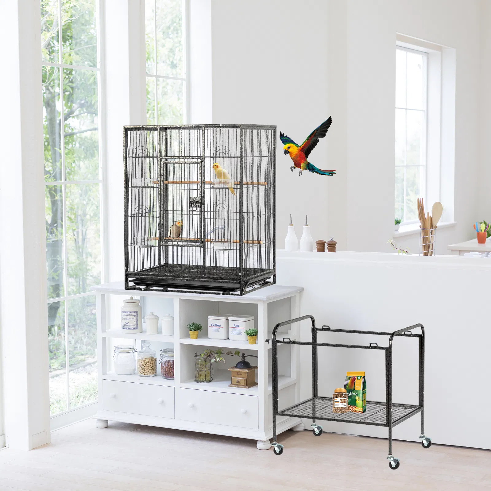53" Large Flight Bird Cage with Rolling Stand & Storage Shelf for Parrots Lovebird Cockatiel Parakeets, Black — image 3