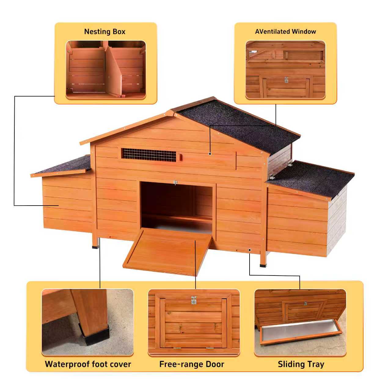 Casa de Gallinas Grande en Madera para Exterior con 2 Cajas de Incubación y 2 Puertas Libres, Plataforma Impermeable — imagen 3