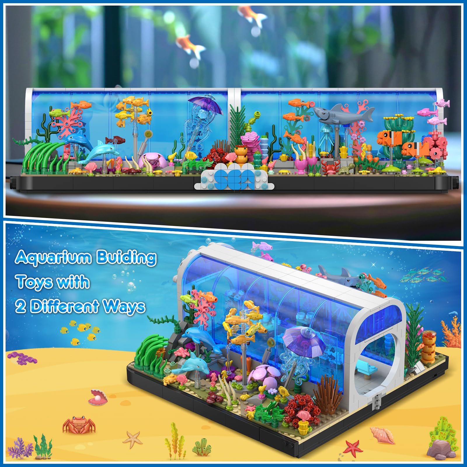 HOGOKIDS Aquarium Building Set - 2 Styles Oceanarium Construction Toy For Kids And Adults, Rotatable Underwater Tank Includes Dolphins, Crab, Fish, Jellyfish And Sea Animals — image 5