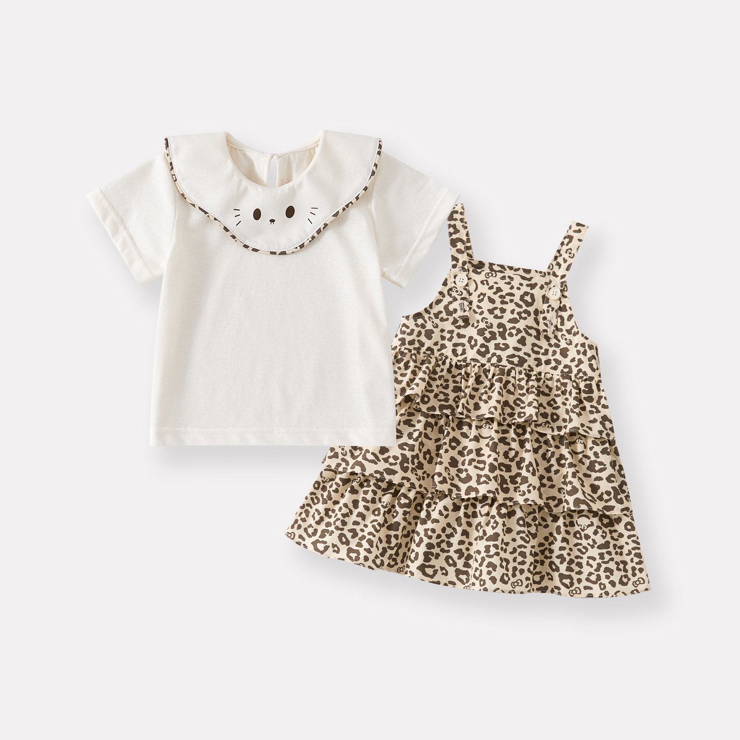 Cartoon Peter Pan Collar Short Sleeve Girl's Stylish Leopard Print Ruffle Strap Dress — image 7