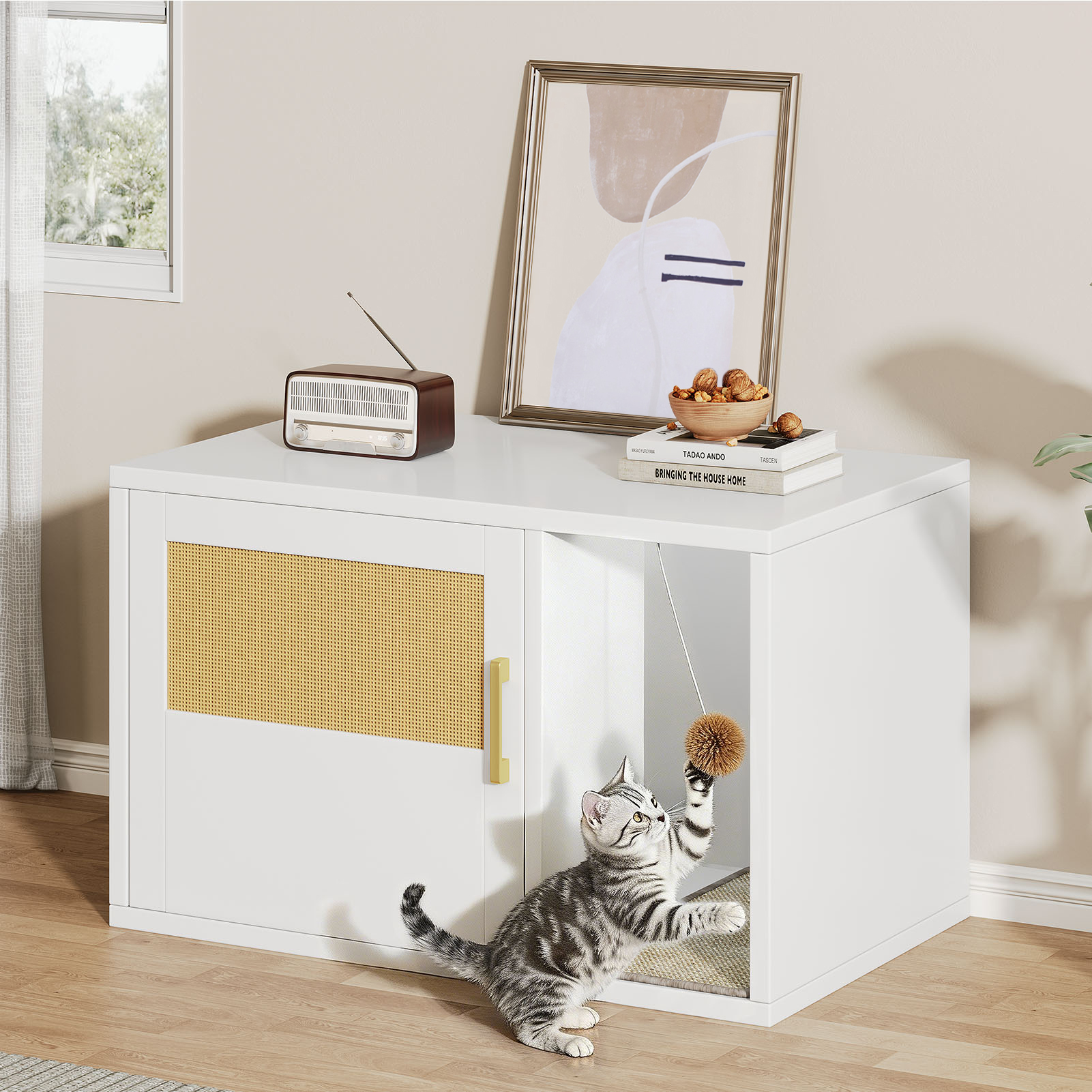 Caja de Limpieza para Gatos Multifuncional de Diseño Blanco Moderno Casa para Gatos con Lavabo y Mesa de Sílabo para Dormitorio y Salón — imagen 3