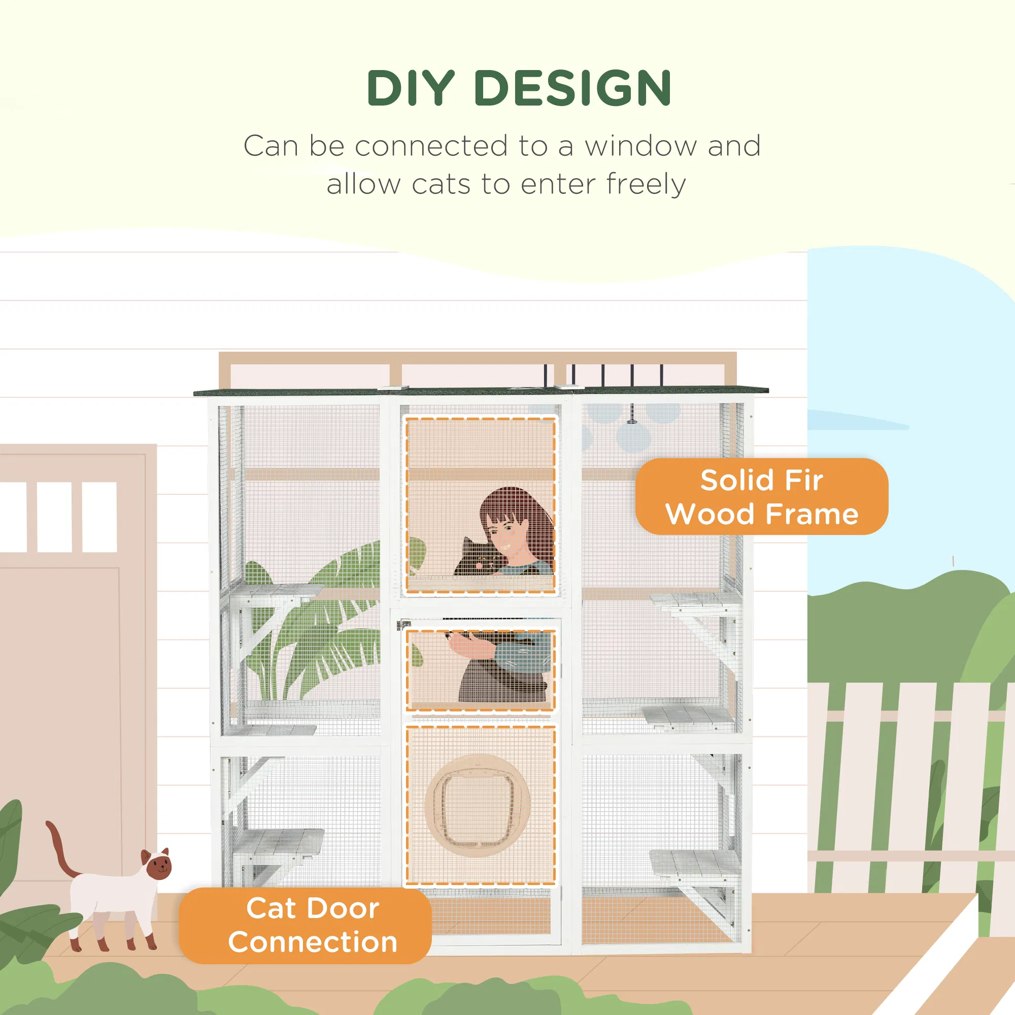 Large Outdoor Catio Enclosure, Wooden Cat Patio with 6 Balanced Platforms and Asphalt Roof, 70.9" x 38.6" x 70.9", White — image 4