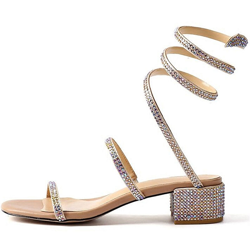 Summer Crystal Gladiator Sandals Women Open Toe Square Heels Sandals Women Fashion Party Dress Snake Strap Shoes — image 2