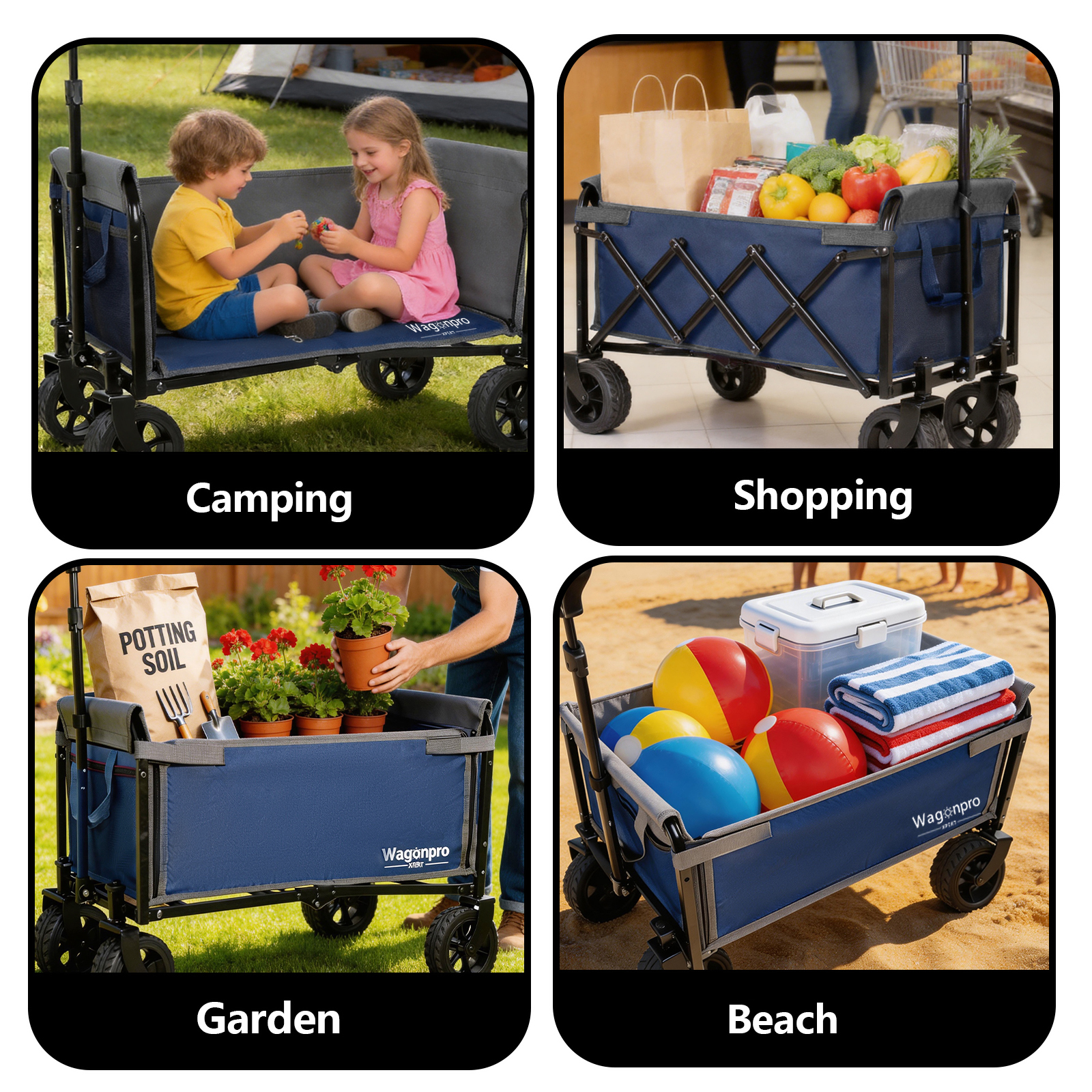 Upgraded 5x2 Wide Wheels All- In- One Convertible Folding Trolley With Full- Side Opening & Dog Leash Versatile Seating & Storage 220Lbs Capacity For Camping Beach Shopping Dark Blue — imagen 4