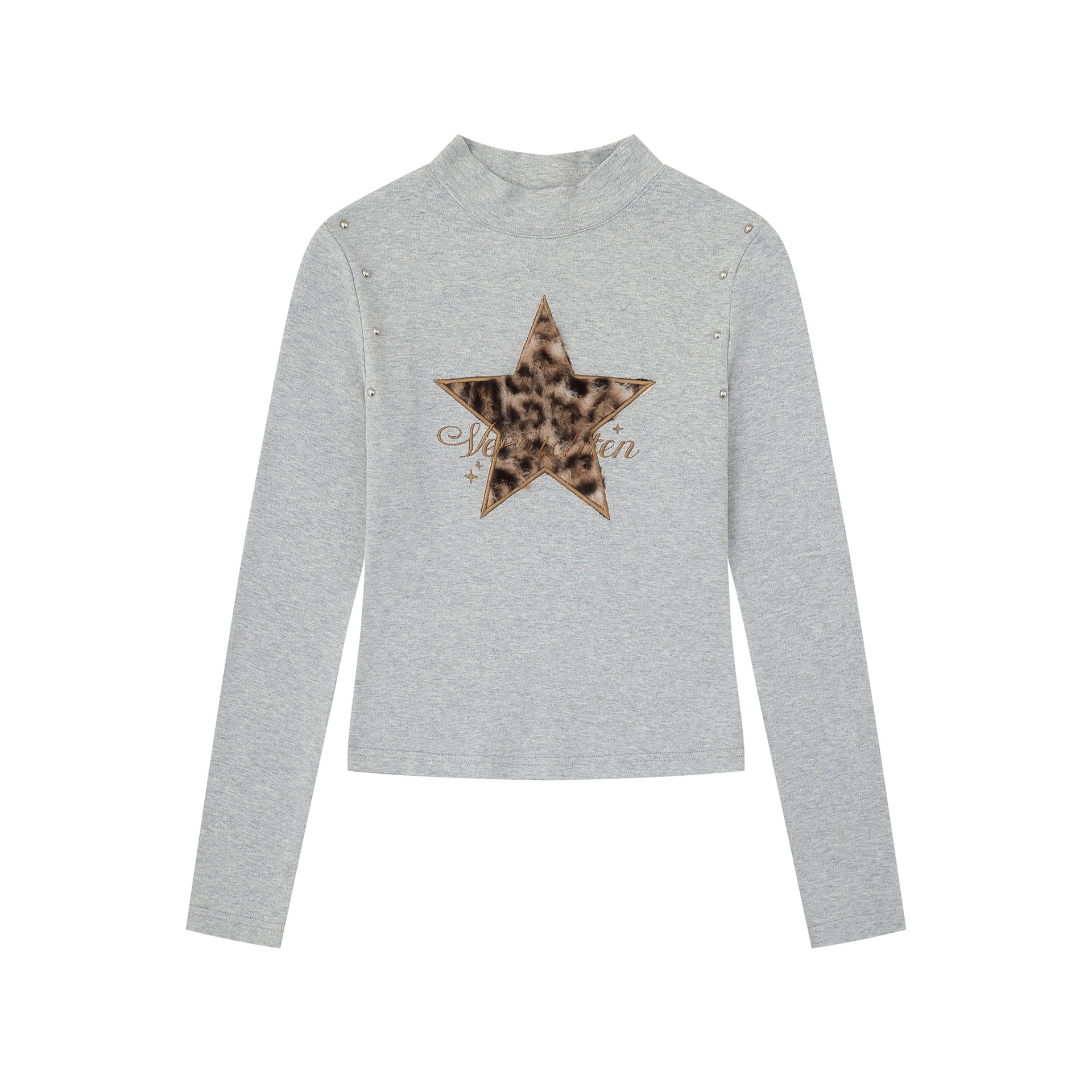 Heavywork Leopard Star Applique T-Shirt High Neck Stud Sweet Spicy Style Versatile Long Sleeve — image 1