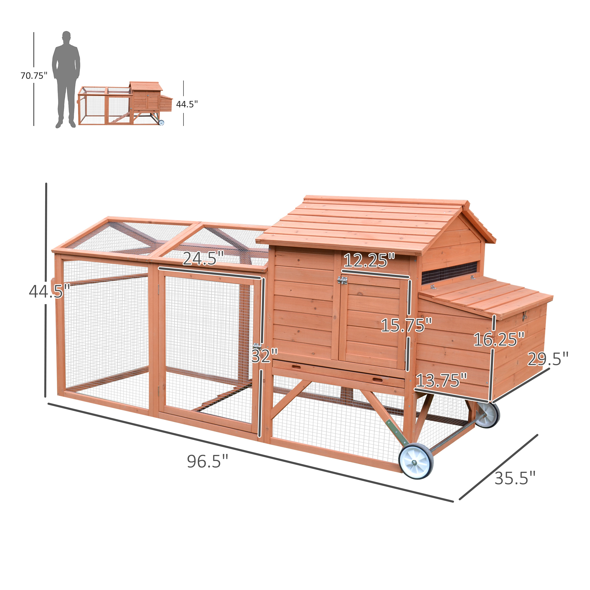 96.5" Chicken Coop Wooden Hen House Poultry Cage Pen Portable with Wheels and Nesting Box, Chicken Cage for Backyard Outdoor, Natural — imagen 6