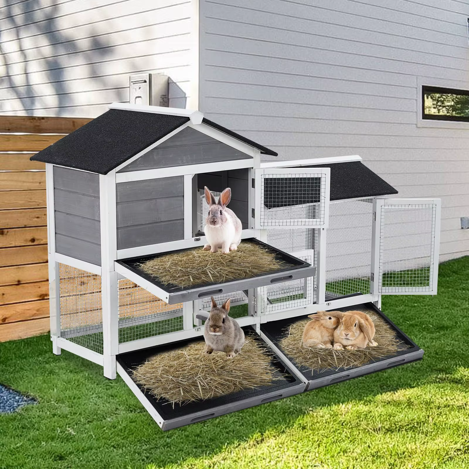 Conejera Interior de 58", Jaula para Conejos con 3 Bandejas Antifugas Removibles, Techo de Madera Impermeable, Conejera Interior/Exterior, Casa para Conejos de 2 Niveles/Gallinero, Gris y Negro — imagen 7