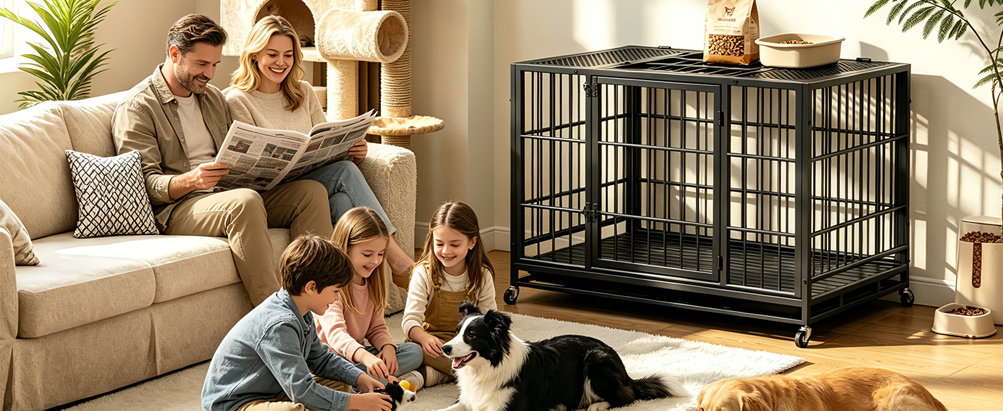 Heavy Duty Dog Crate, Mobile Pet Kennel with Lockable Wheels & Rotary Twist-Latch, Indoor Outdoor Metal Cage with Perforated Top — image 5