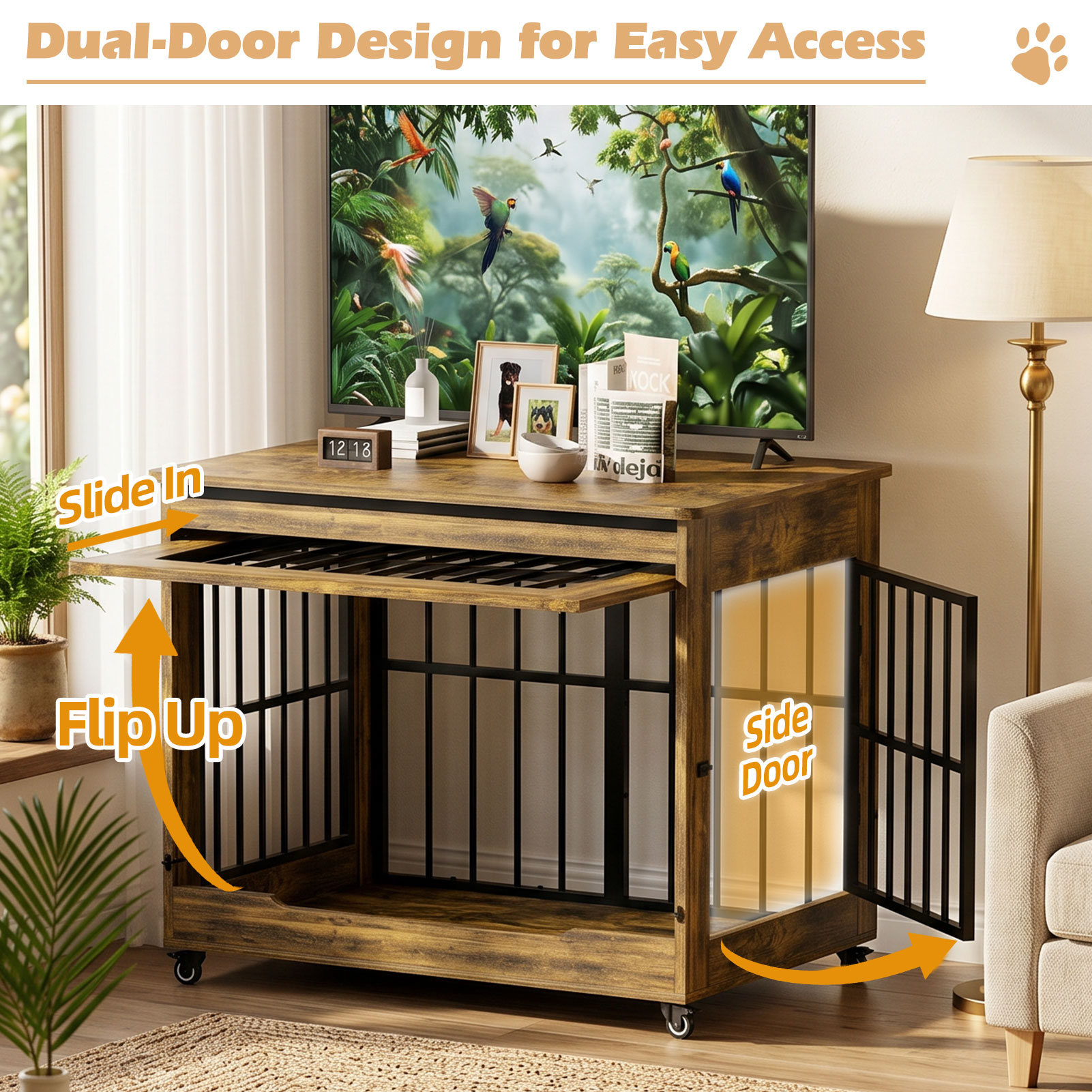 Large Dog Crate Furniture, Double Door Wooden Indoor Dog Kennel Furniture, Decorative Pet Cage End Table With Wheels For Extra Large Breed Dogs, Size 2XL, Greige — image 27