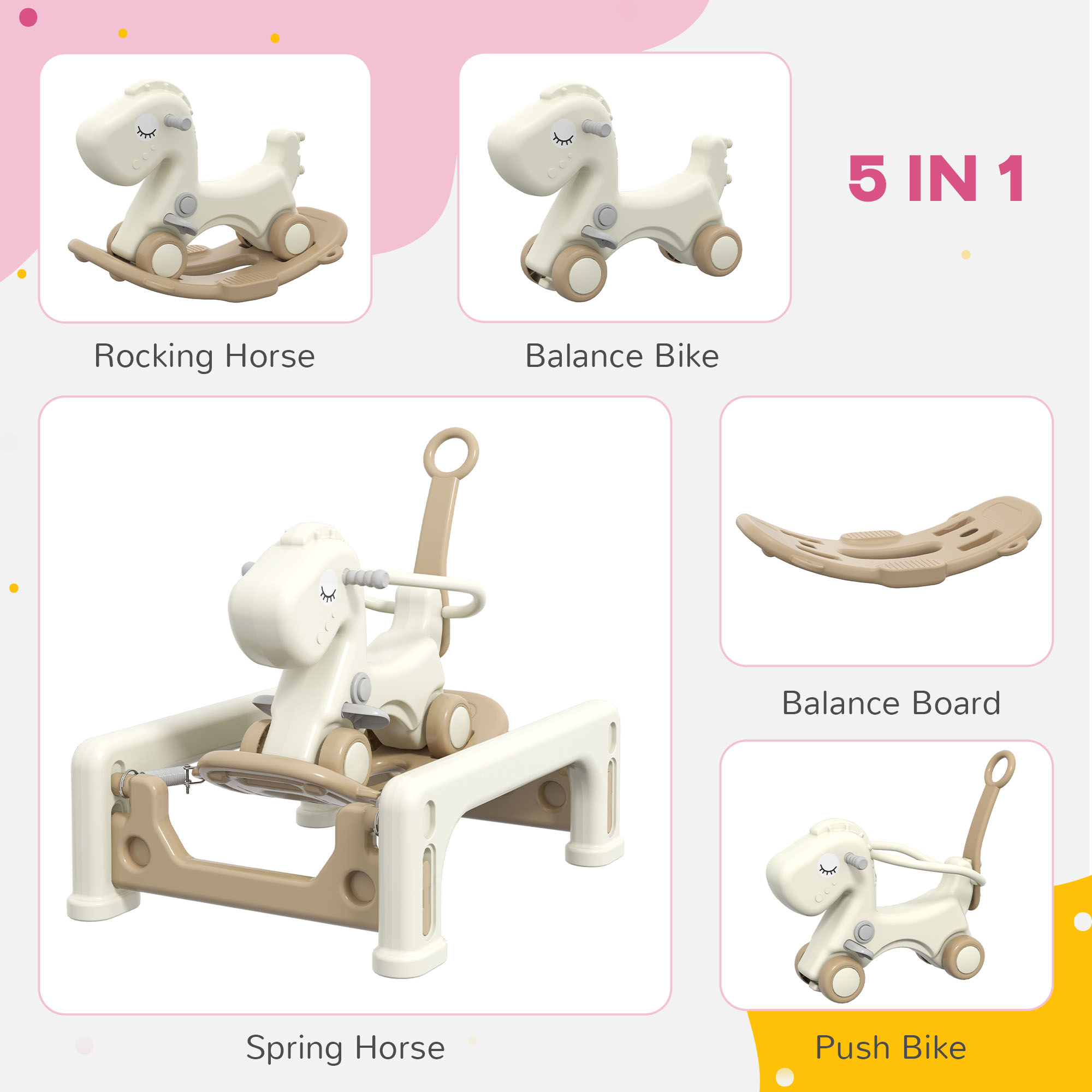 5 in 1 Rocking Horse for Toddlers 1-3 Years with Detachable Balance Board, Push Handle, Footrest, Cream White — imagen 2