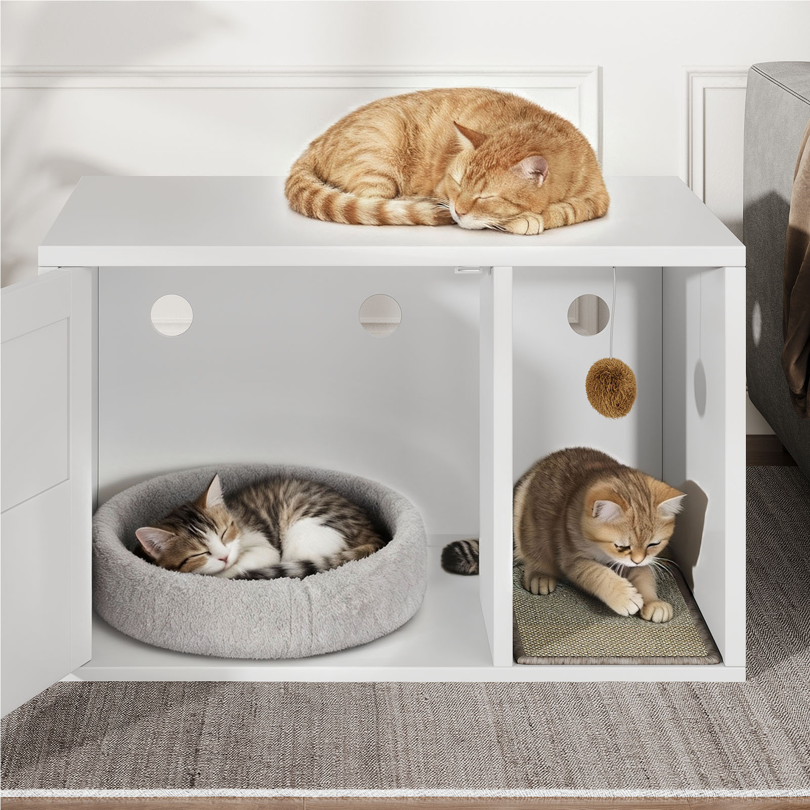 Caja de Limpieza para Gatos Multifuncional de Diseño Blanco Moderno Casa para Gatos con Lavabo y Mesa de Sílabo para Dormitorio y Salón — imagen 15
