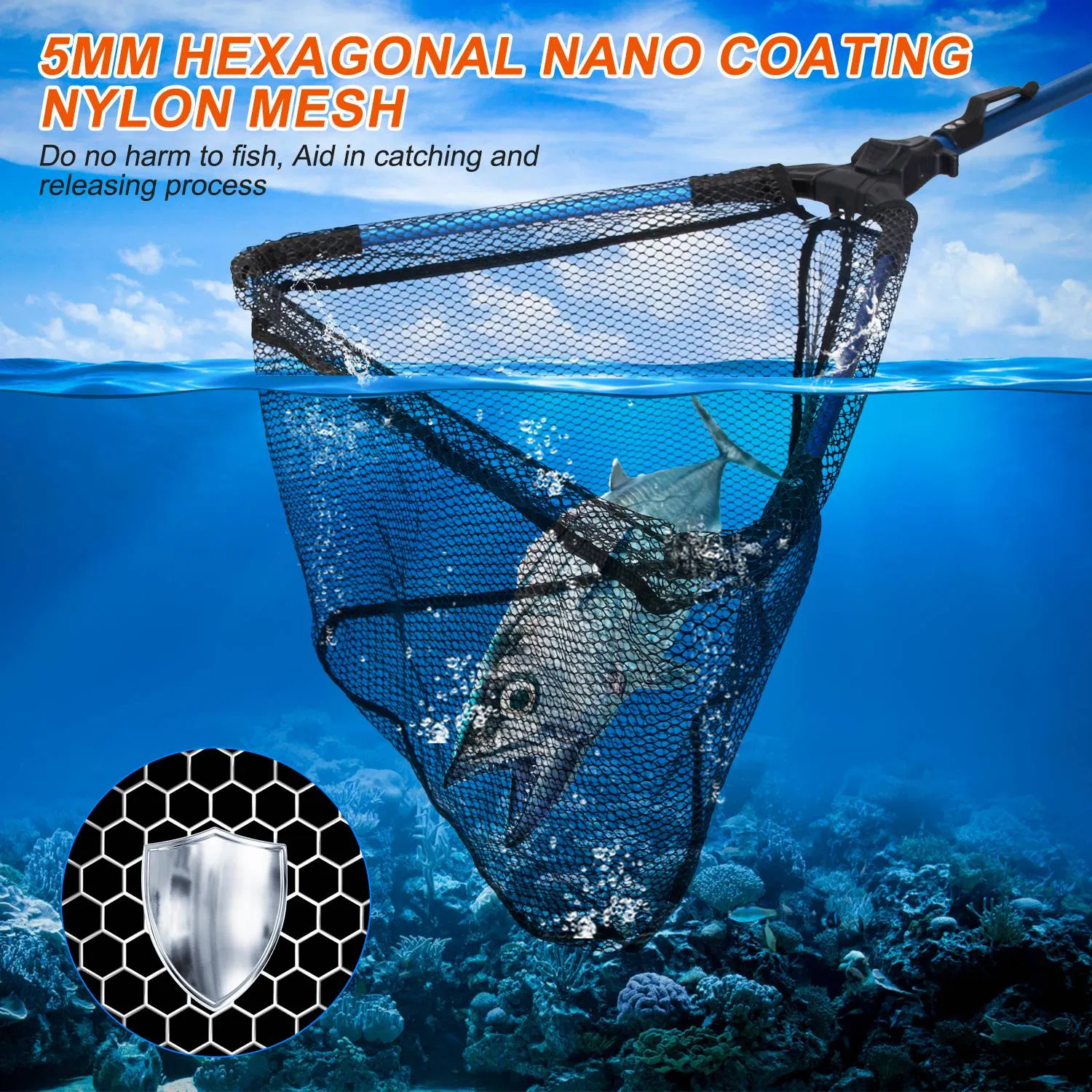 Foldable Fishing Net With Aluminum Alloy Rod EVA Handle Durable 5MM Hexagonal Nano Coating Nylon Mesh Collapsible Landing Net Safe Fish Catching or Releasing — imagen 5
