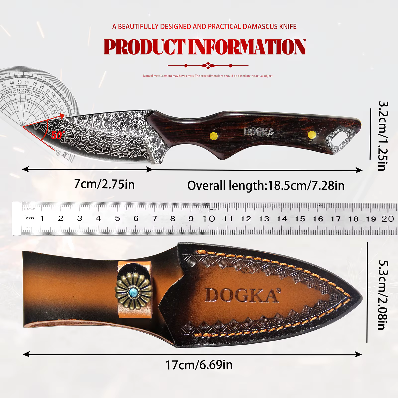 Handmade Damascus Hunting Knife, Full Tang Fixed Blade Camping Knife with Leather Sheath — image 8