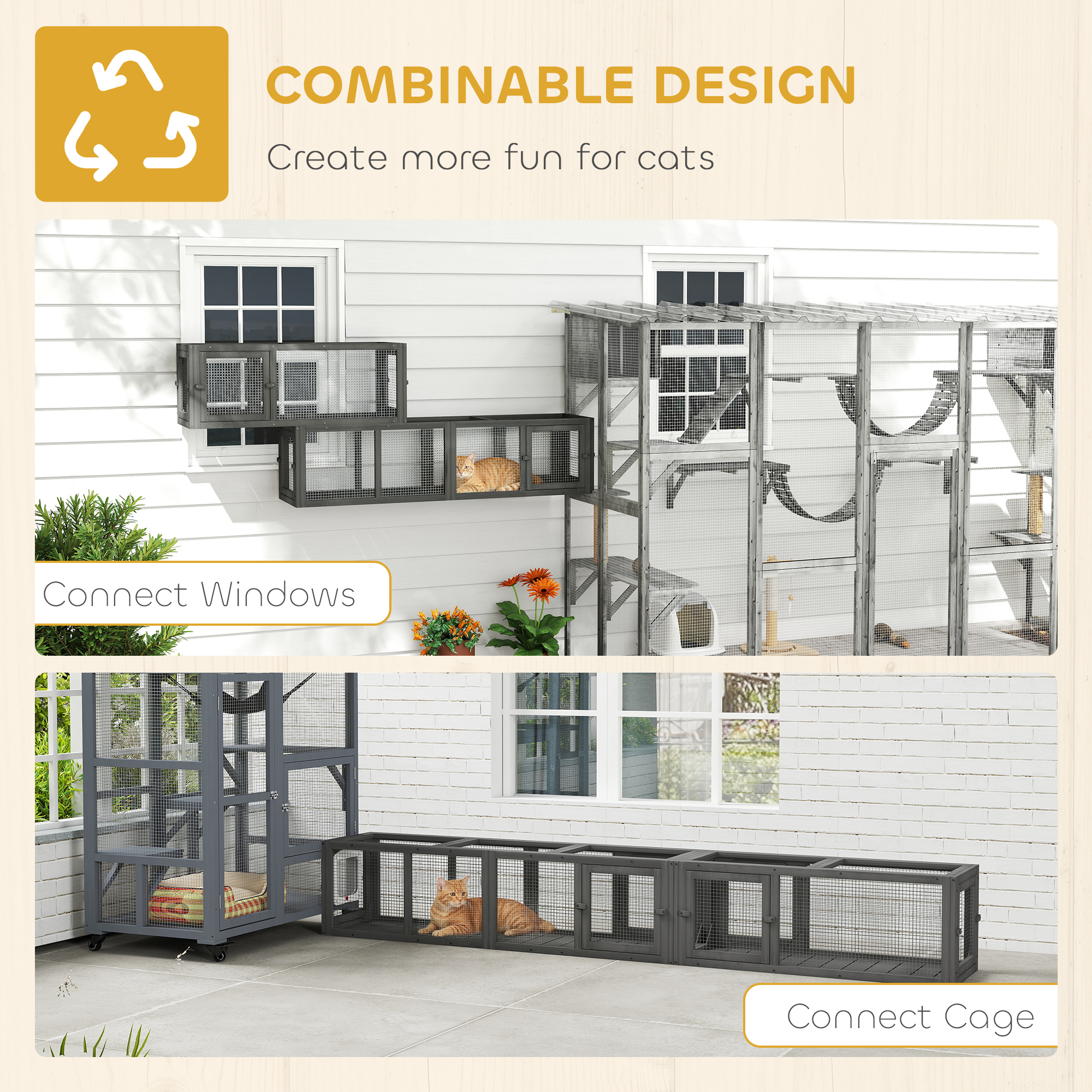Wooden 98" Cat Tunnel for Outdoor with Combinable Design, 8 Doors, Dark Gray — image 7