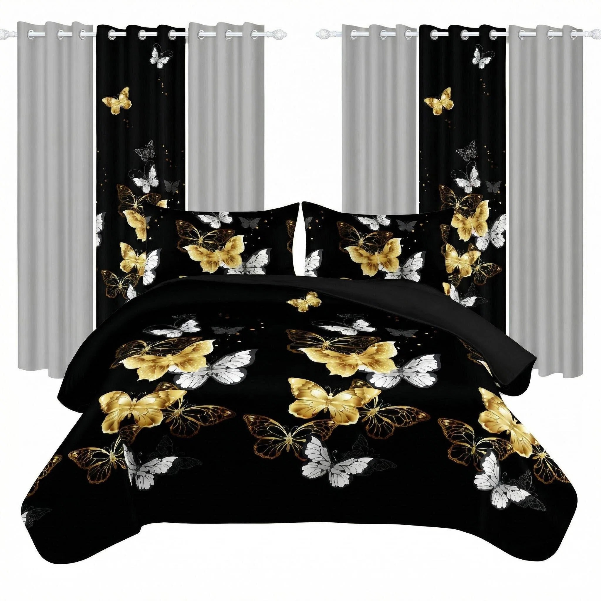 Set de Edredón y Cortinas de 9 Piezas 'Habitación en una Bolsa', Diseño Americano con Estampado de Mariposas Negro y Dorado, Colcha Gruesa con 6 Paneles de Cortina Personalizables, Apto para Mascotas de Alto Gramaje — imagen 1