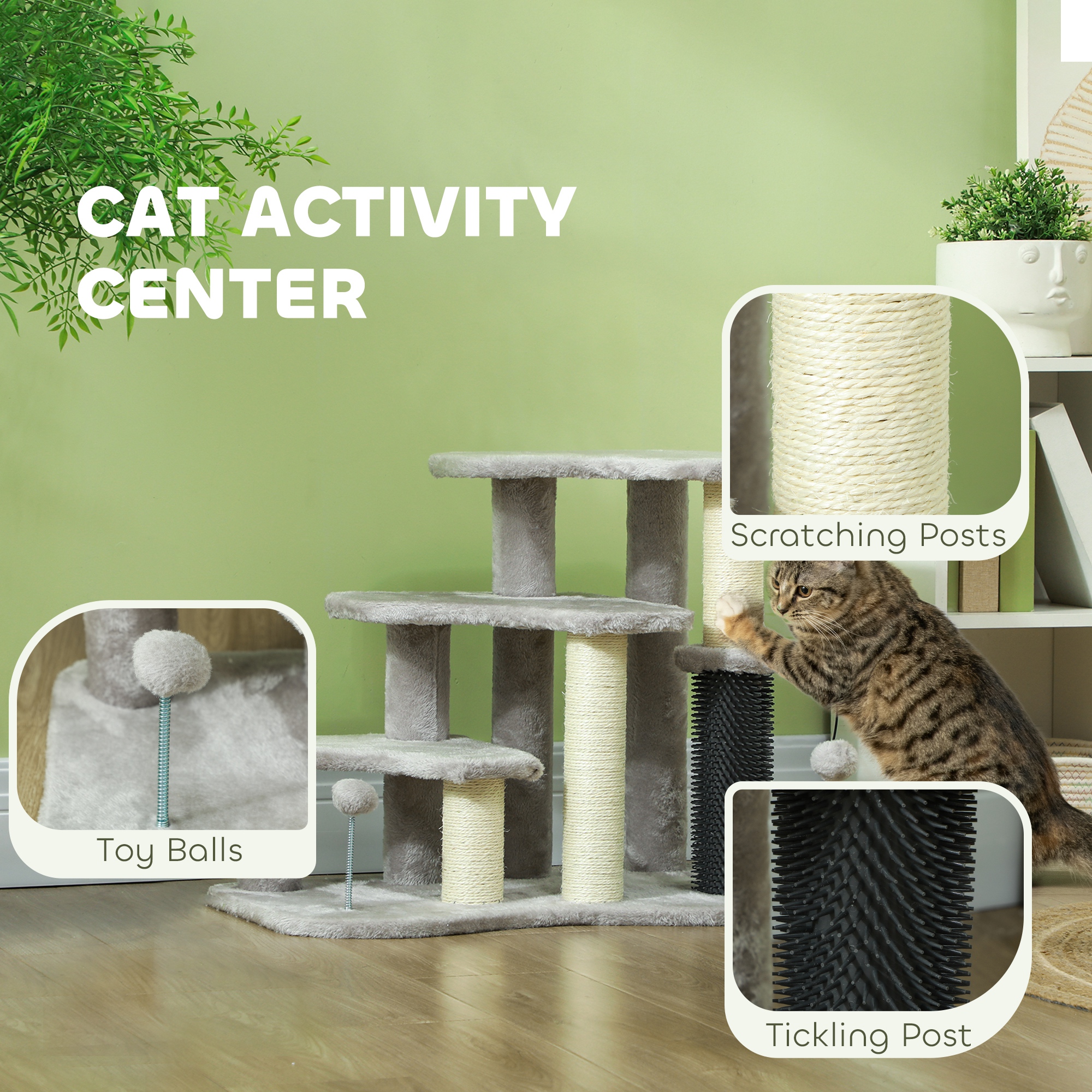 Torre Rascador para Gatos 2 en 1 Escaleras de 3 Escalones con Postes Rascadores, Poste de Cosquillas y Bolas de Juguete, para Camas Altas y Sofás — imagen 7
