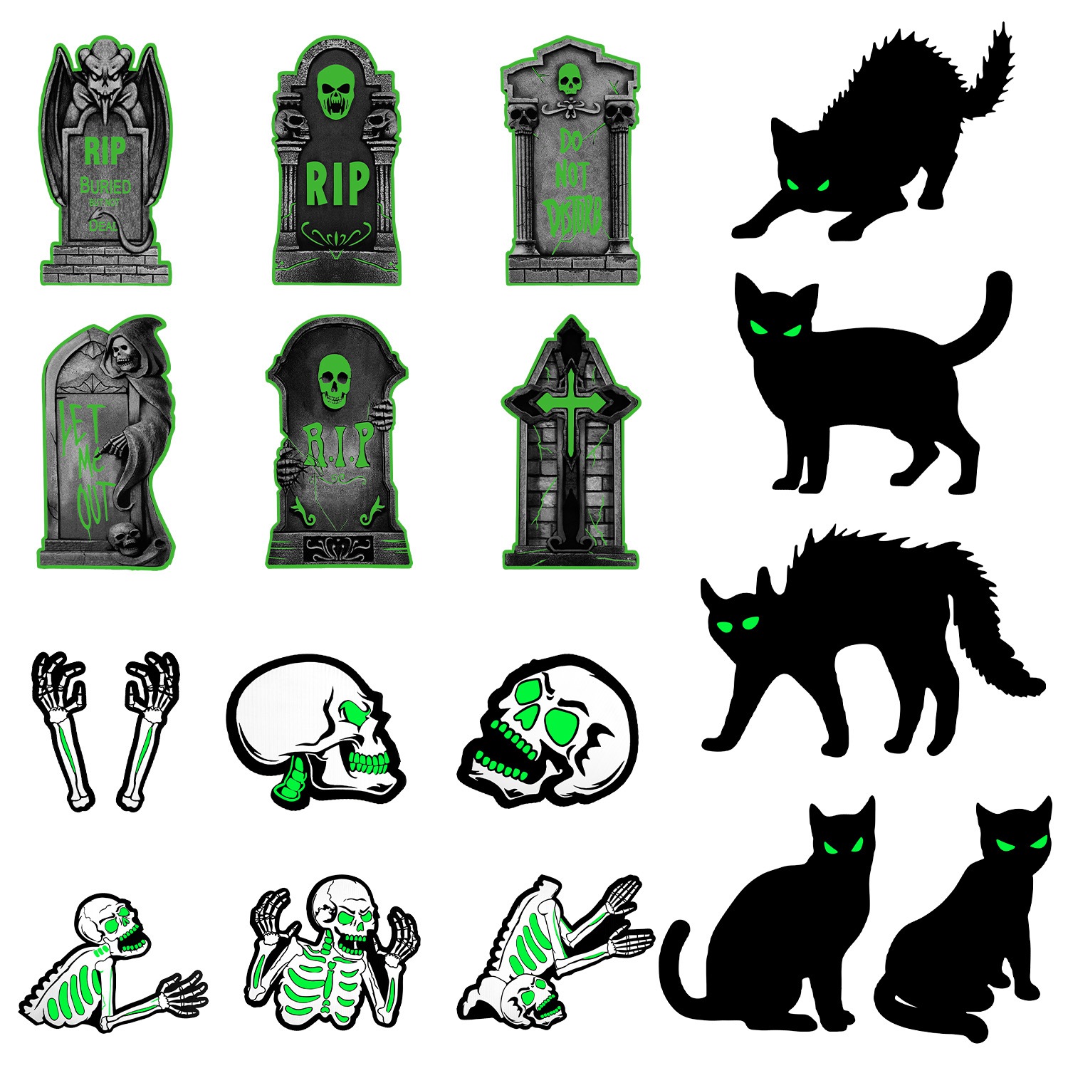 Decoraciones de Jardín para Halloween: 6 Calaveras, 6 Tumbas o 5 Gatos Negros, Brillan en la Oscuridad, para Casa Embrujada, Jardín, Patio y Fiestas de Temática Terrorífica — imagen 1