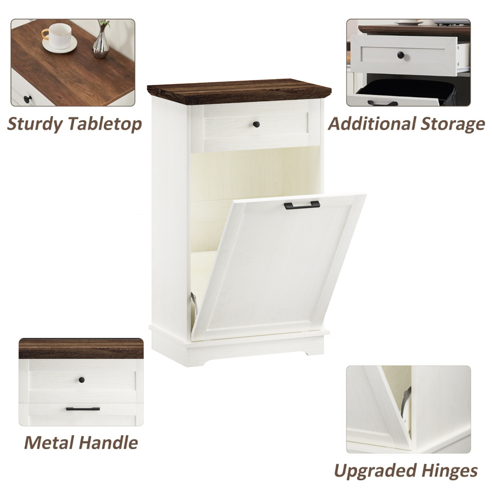 Mueble Basculante para Basurero de 10 Galones, Mueble Independiente para Bote de Basura, Mueble de Madera para Basura y Reciclaje con Cajón, a Prueba de Mascotas, para Cocina y Sala de Estar, Blanco Antiguo (No Incluye el Bote de Basura) — imagen 12