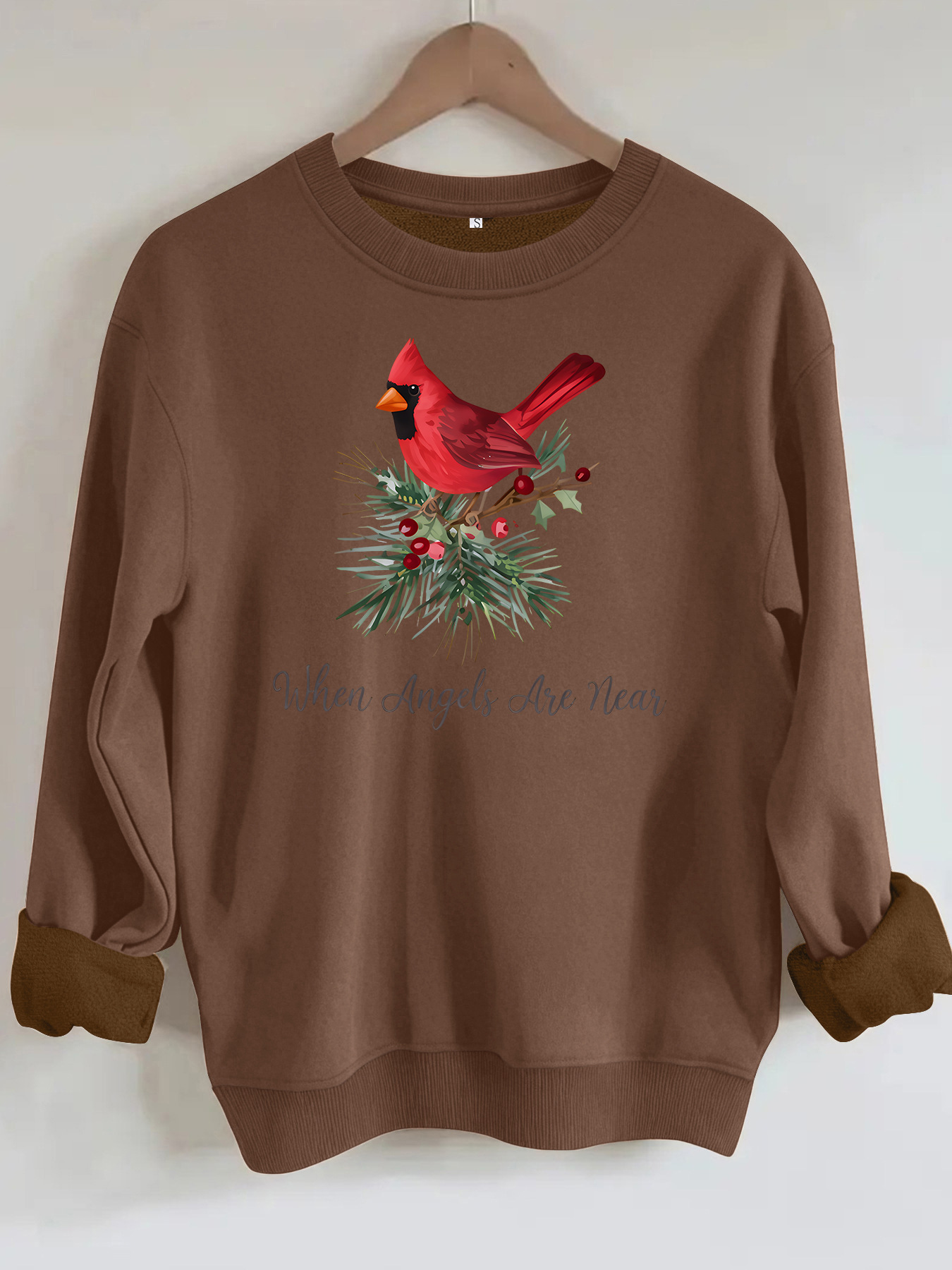Red bird print round neck fleece hoodie — image 13