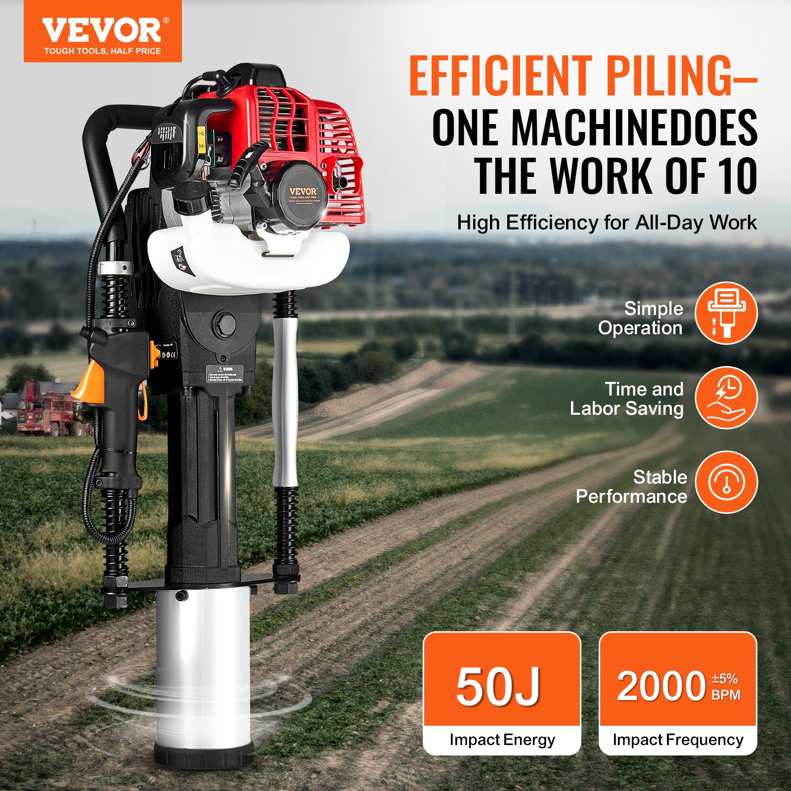 52cc Gas-Powered T Post Driver, 2-Stroke Engine Gasoline Fence Piling Pounder, 1300W Portable Piledriver With 3 Post Driving Head(49/69/100 Mm), For Farm, Ranch Fencing, Road Improvements — imagen 5