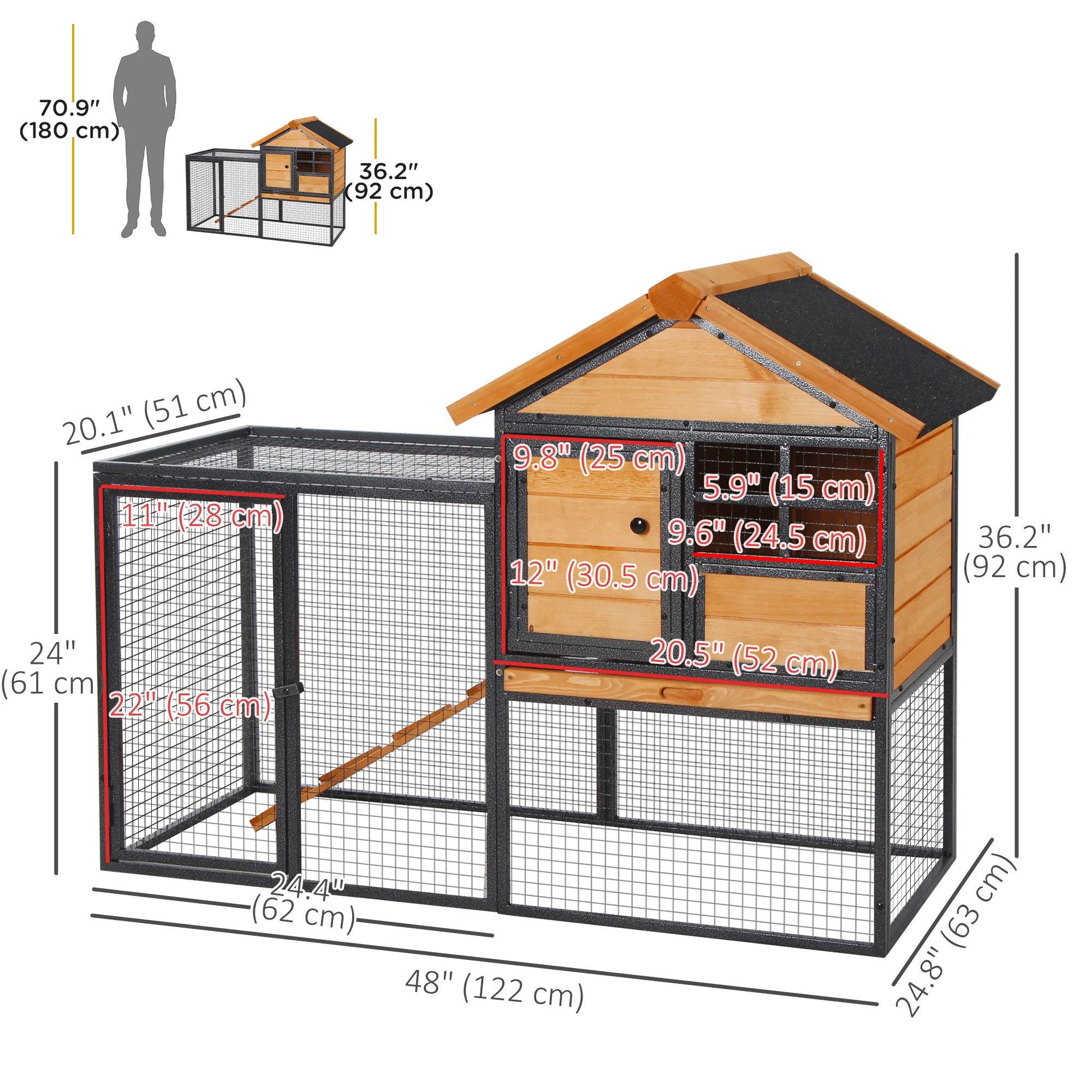 Wood-Metal Large Rabbit Hutch Bunny Cage Pet House Small Animal Habitat with Slide-Out Tray, Lockable Door, Water-Resistant Asphalt Roof, Outdoor Indoor Use, 48"x25"x36" — image 6