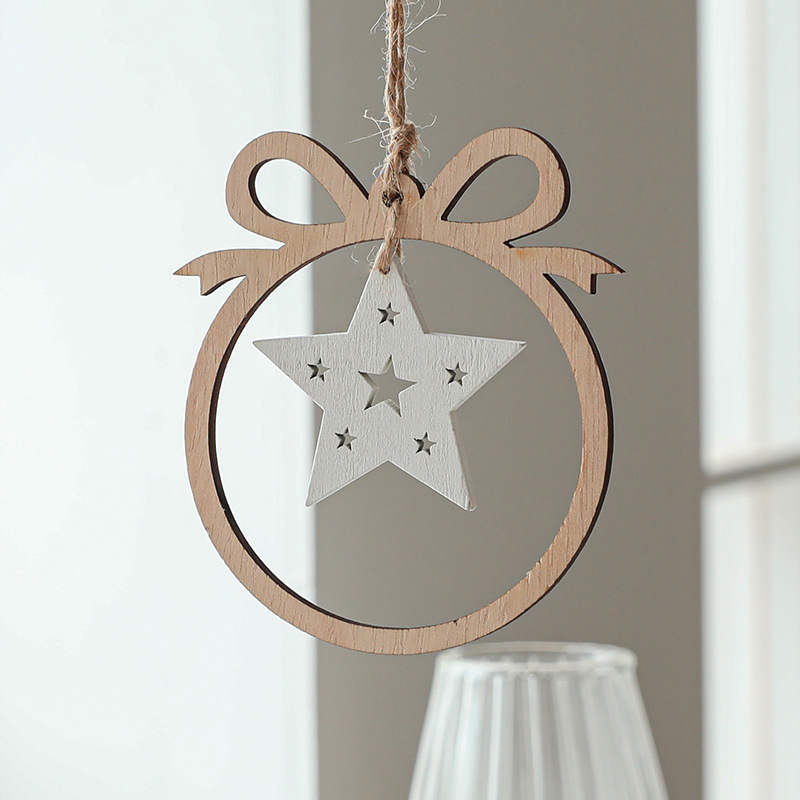 Christmas decorations, wooden Christmas hollowed out Christmas tree ornaments, wooden five pointed star reindeer snowflake ornaments — image 4