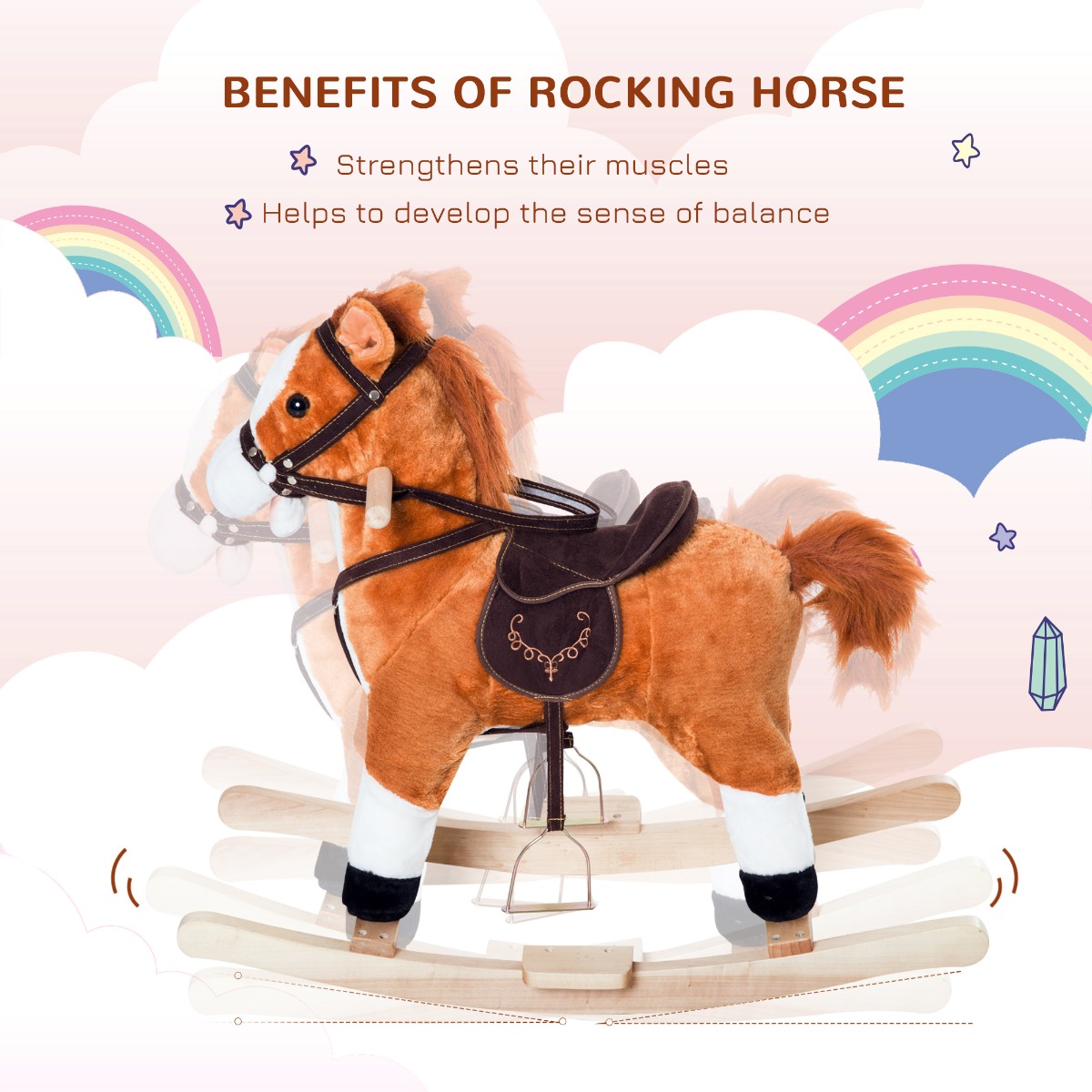 Caballo de Peluche para Niños, Silla de Montar de Madera, Caballo de Peluche con Sonidos Realistas y Cola Móvil para Bebés, Marrón — imagen 5