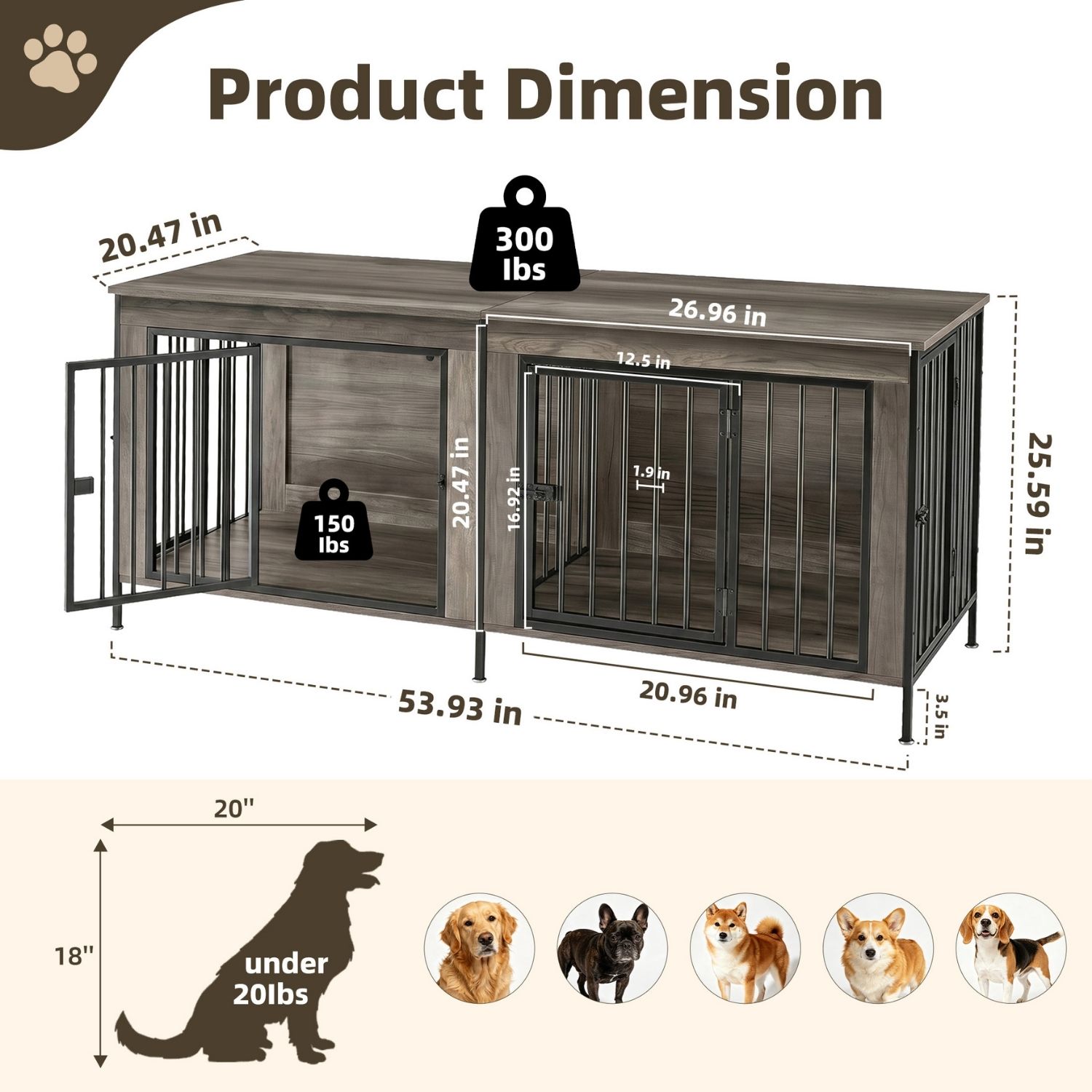 Double Dog Crate Furniture With Divider, Heavy Duty Pet Kennel End Table TV Stand, Extra Large Double Door — image 8